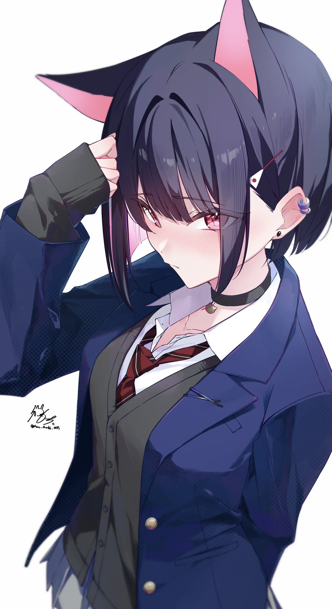 nekomochi, kazusa (blue archive), blue archive, highres, 1girl, alternate costume, animal ears, black cardigan, black choker, black hair, blazer, blue jacket, blush, cardigan, cat choker, cat ears, cat girl, choker, collared shirt, colored inner animal ears, colored inner hair, earclip, earrings, extra ears, grey skirt, hair ornament, hairclip, hand on own head, hand up, jacket, jewelry, long sleeves, looking at viewer, loose necktie, multicolored hair, necktie, open clothes, open jacket, pink hair, pleated skirt, red eyes, red necktie, sailor collar, school uniform, shirt, short hair, skirt, sleeves past wrists, solo, stud earrings, two-tone hair, upper body, white sailor collar, white shirt