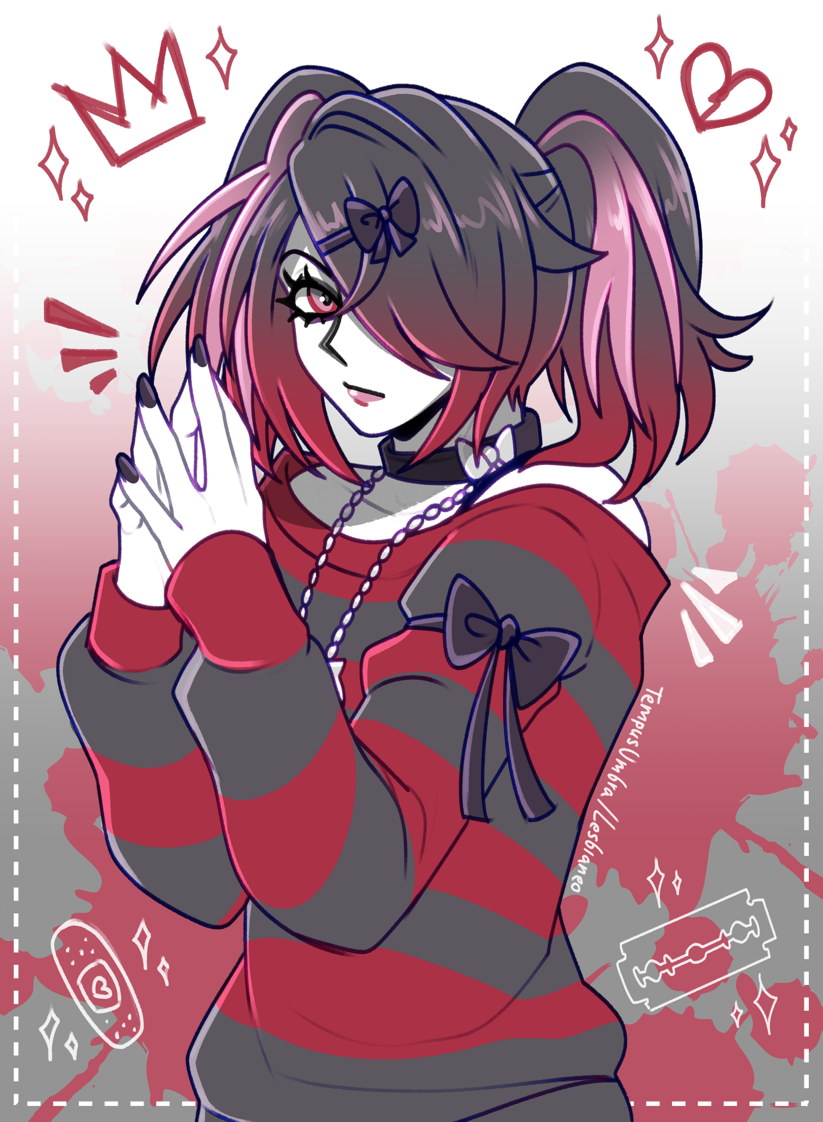 tempusumbra, ame-chan (needy girl overdose), needy girl overdose, absurdres, commentary, english commentary, highres, 1girl, alternate costume, black hair, bow, collar, cowboy shot, hair bow, hair over one eye, head tilt, jewelry, looking at viewer, necklace, pink streaks, red eyes, shoulder bow, solo, steepled fingers, striped clothes, striped sweater, sweater, twintails