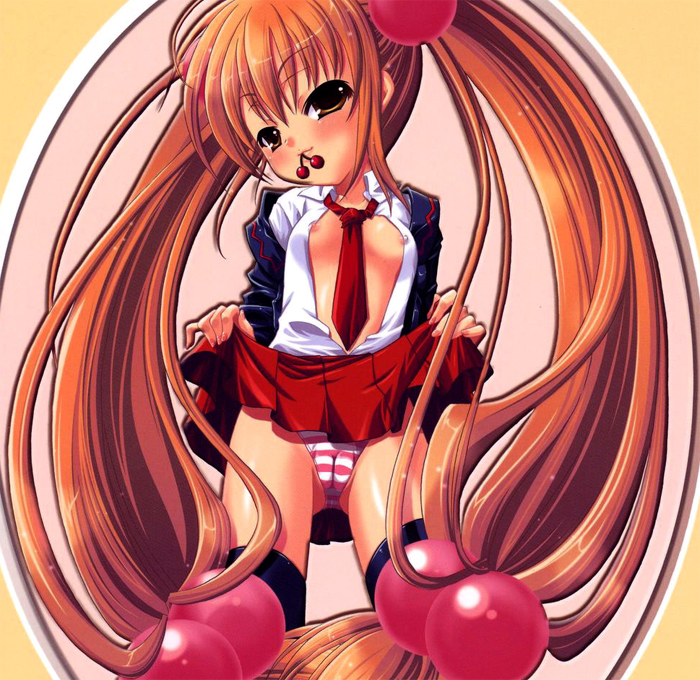 kokonoe rin, kodomo no jikan, 00s, cameltoe, cherry, clothes lift, flat chest, food, fruit, hair bobbles, hair ornament, loli, long hair, mouth hold, panties, skirt, skirt lift, tawny hair, thighhighs, twintails, underwear, yellow eyes