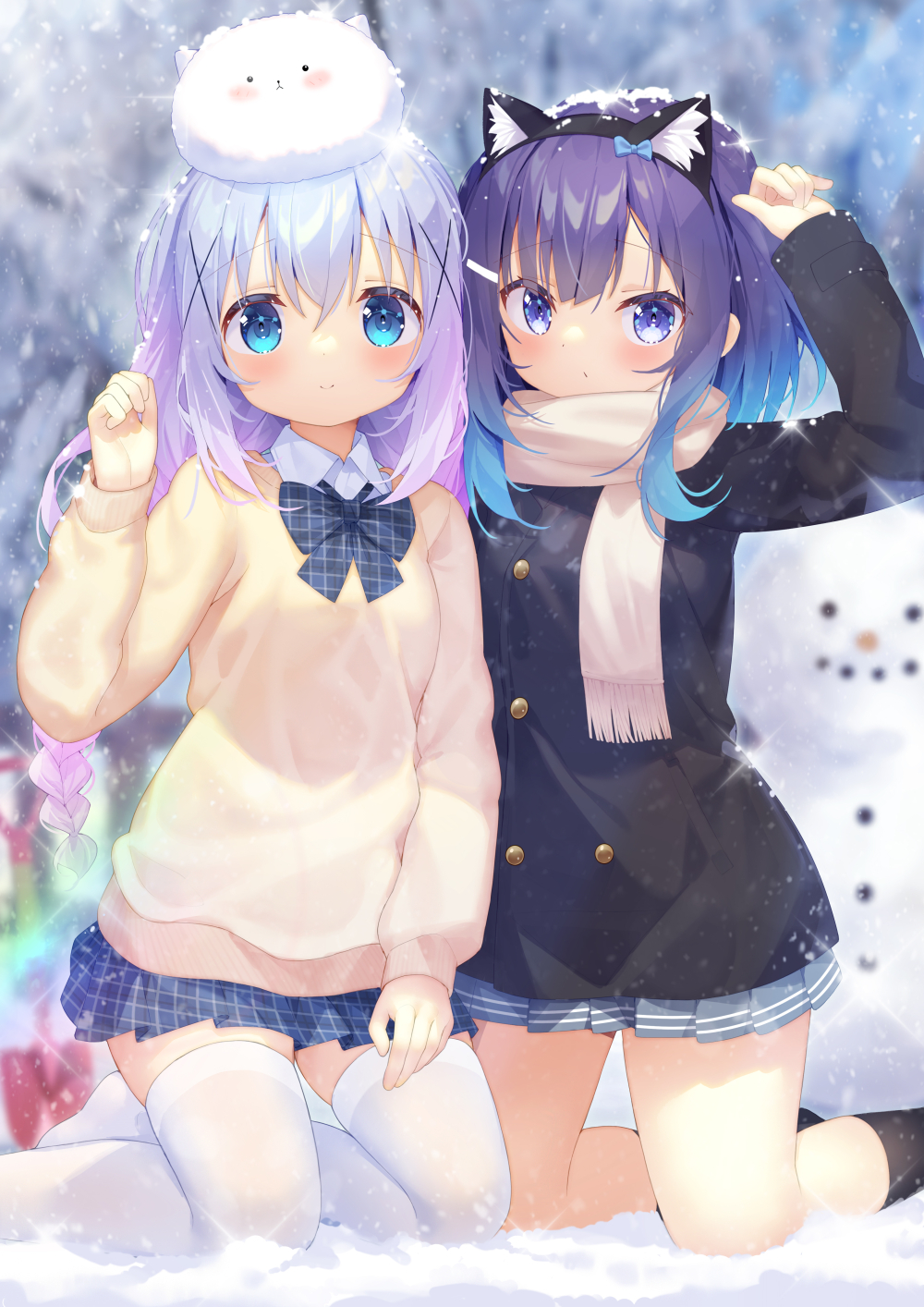 taku michi, fuiba fuyu, kafuu chino, tippy (gochiusa), gochuumon wa usagi desu ka?, commentary request, highres, 2girls, angora rabbit, animal, animal ear hairband, animal ears, animal on head, black coat, black hairband, black socks, blue bow, blue bowtie, blue eyes, blue hair, blue skirt, blurry, blurry background, bow, bowtie, braid, cardigan, cat ear hairband, cat ears, closed mouth, coat, collared shirt, fake animal ears, gradient hair, grey skirt, hair between eyes, hair ornament, hairband, hand up, kneeling, long hair, long sleeves, looking at viewer, medium hair, multicolored hair, multiple girls, on head, outdoors, plaid bow, plaid bowtie, plaid clothes, plaid skirt, pleated skirt, purple hair, rabbit, scarf, shirt, single braid, skindentation, skirt, smile, snowing, snowman, socks, thighhighs, two-tone hair, white shirt, white thighhighs, winter, x hair ornament, yellow cardigan, yellow scarf