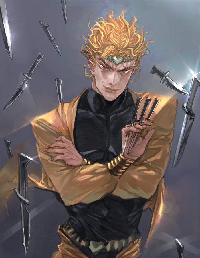 touge (kubiwa tsuki), dio brando, jojo no kimyou na bouken, bad id, bad pixiv id, 1boy, blonde hair, crossed arms, earrings, evil smile, grey background, headband, holding, holding knife, jacket, jewelry, knife, looking at viewer, male focus, muscular, red eyes, skin tight, smile, solo, weapon, yellow jacket