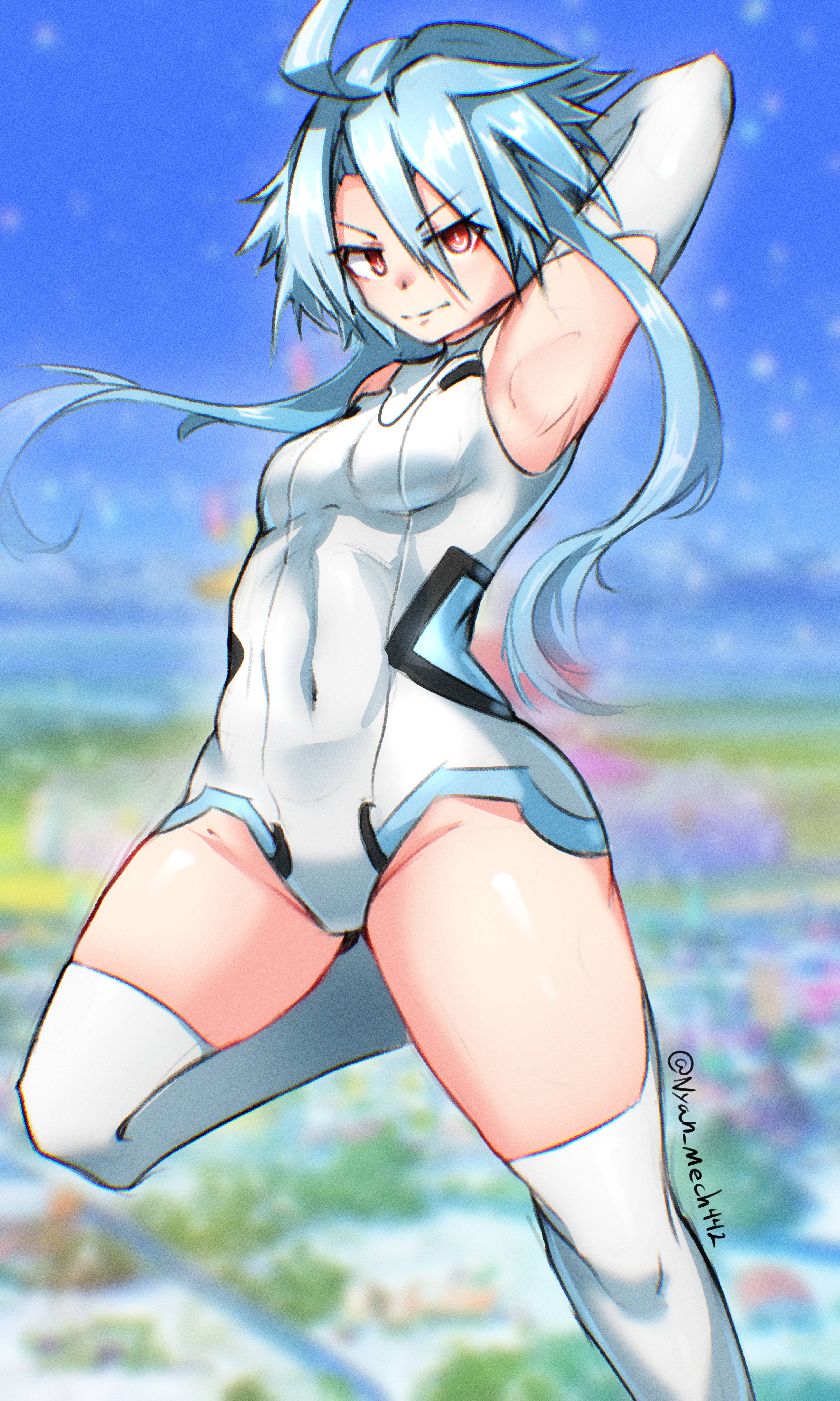 nyanmech, white heart (neptunia), neptune (series), absurdres, highres, 1girl, ahoge, arm behind head, arm up, armpits, bare shoulders, blue hair, blurry, blurry background, boots, breasts, closed mouth, covered navel, elbow gloves, foot out of frame, gloves, leg up, leotard, looking at viewer, power symbol, power symbol-shaped pupils, red eyes, short hair with long locks, sidelocks, small breasts, smile, solo, standing, standing on one leg, symbol-shaped pupils, thigh boots, thighhighs, thighs, twitter username, white gloves, white leotard, white thighhighs