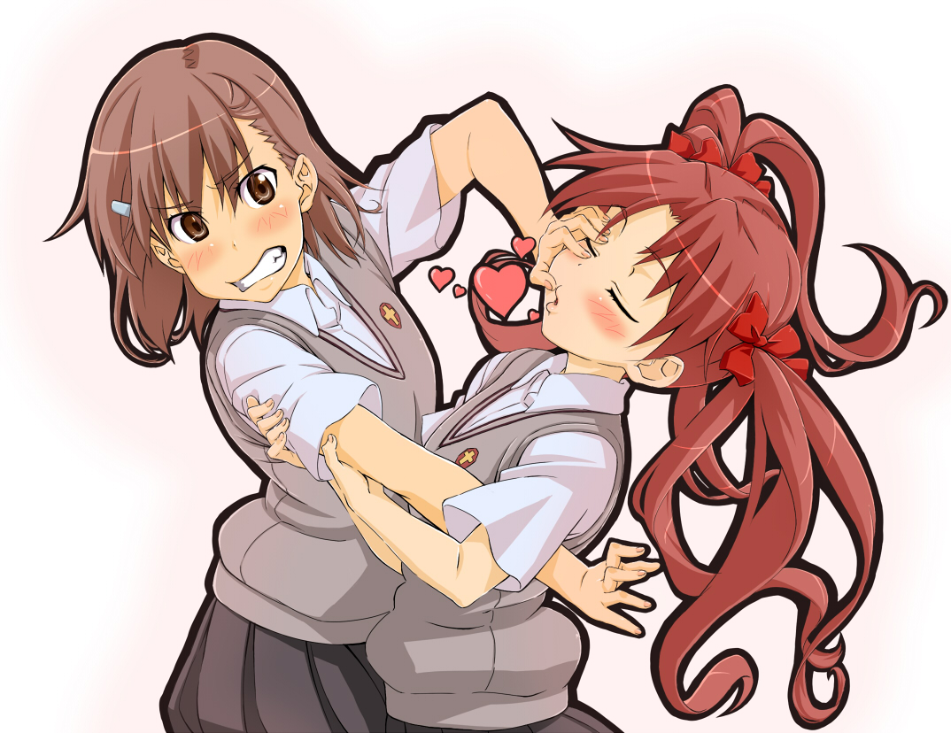 sashisu, misaka mikoto, shirai kuroko, toaru kagaku no railgun, toaru majutsu no index, arm grab, bad id, bad pixiv id, 00s, 2girls, angry, blush, brown eyes, brown hair, closed eyes, embarrassed, hair ornament, hair ribbon, hairclip, heart, kiss, multiple girls, pushing, red hair, ribbon, school uniform, skirt, sweater vest, twintails, yuri