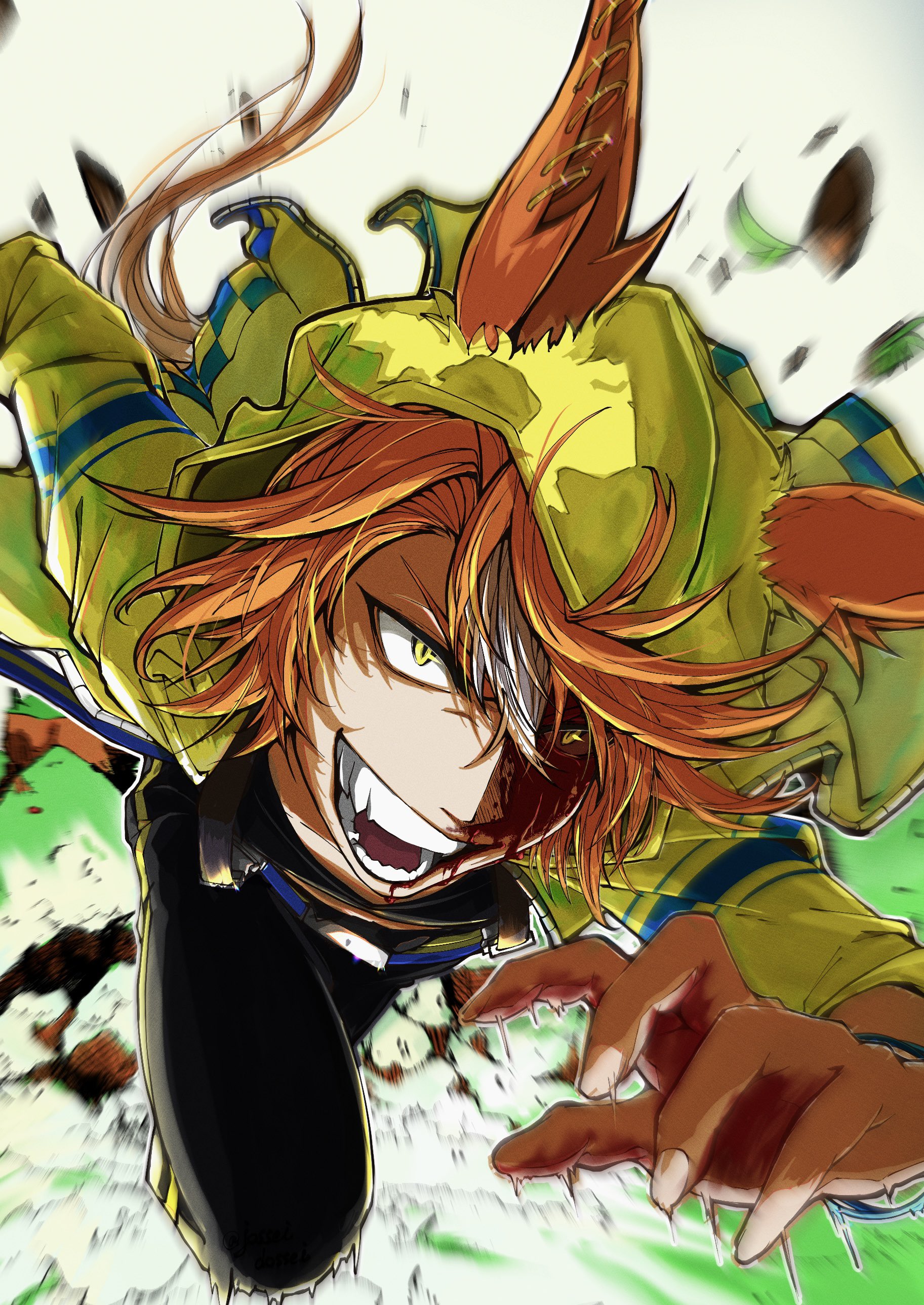 jose (joseeidossei), umamusume, umamusume: cinderella gray, absurdres, highres, animal ears, black pants, blood, blood on face, brown hair, dicta striker (umamusume), ears through headwear, ears through hood, grin, hair between eyes, hood, hooded jacket, hoodie, horse ears, horse girl, horse tail, jacket, long sleeves, multicolored hair, open mouth, pants, running, short hair, smile, streaked hair, tail, teeth, white hair, yellow eyes, yellow hood, yellow hoodie, yellow jacket