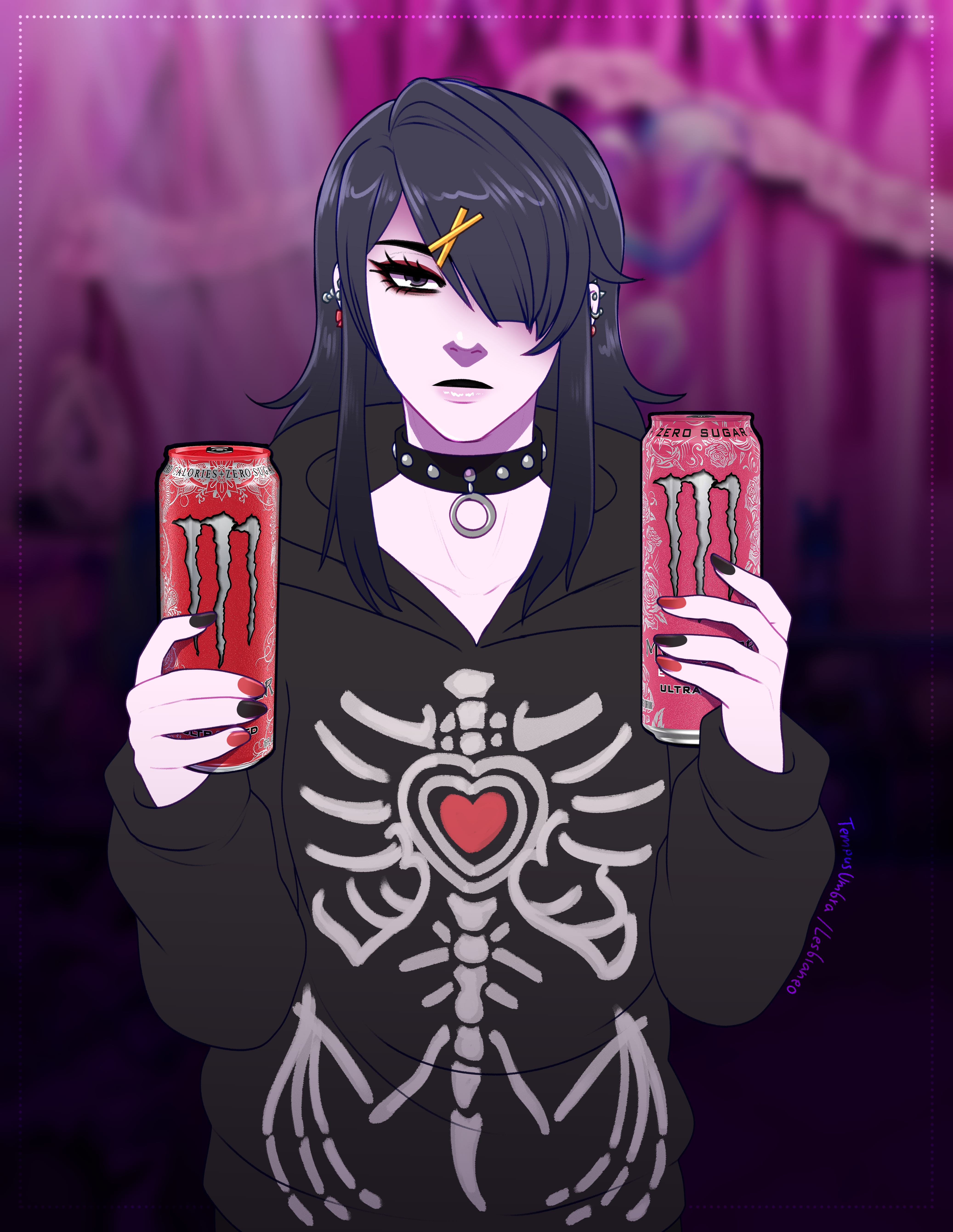 tempusumbra, ame-chan (emo) (needy girl overdose), ame-chan (needy girl overdose), monster energy, needy girl overdose, absurdres, commentary, english commentary, highres, 1girl, black eyes, black hair, black hoodie, can, choker, cowboy shot, deadpan, eyeshadow, hair ornament, hair over one eye, holding, holding can, hood, hood down, hoodie, long sidelocks, looking at viewer, makeup, mole, mole under eye, o-ring, o-ring choker, official alternate costume, sidelocks, skeleton print, x hair ornament