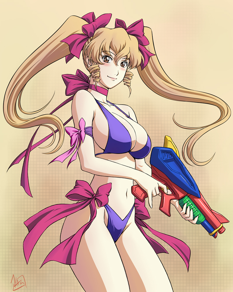 mcq, kozeki satomi, gunparade orchestra, original, 00s, 1girl, armband, bikini, blonde hair, blush, bow, breasts, brown eyes, brown hair, cleavage, drill hair, female focus, gun, hair ribbon, large breasts, looking at viewer, navel, purple bikini, ribbon, solo, swimsuit, twintails, water gun, weapon