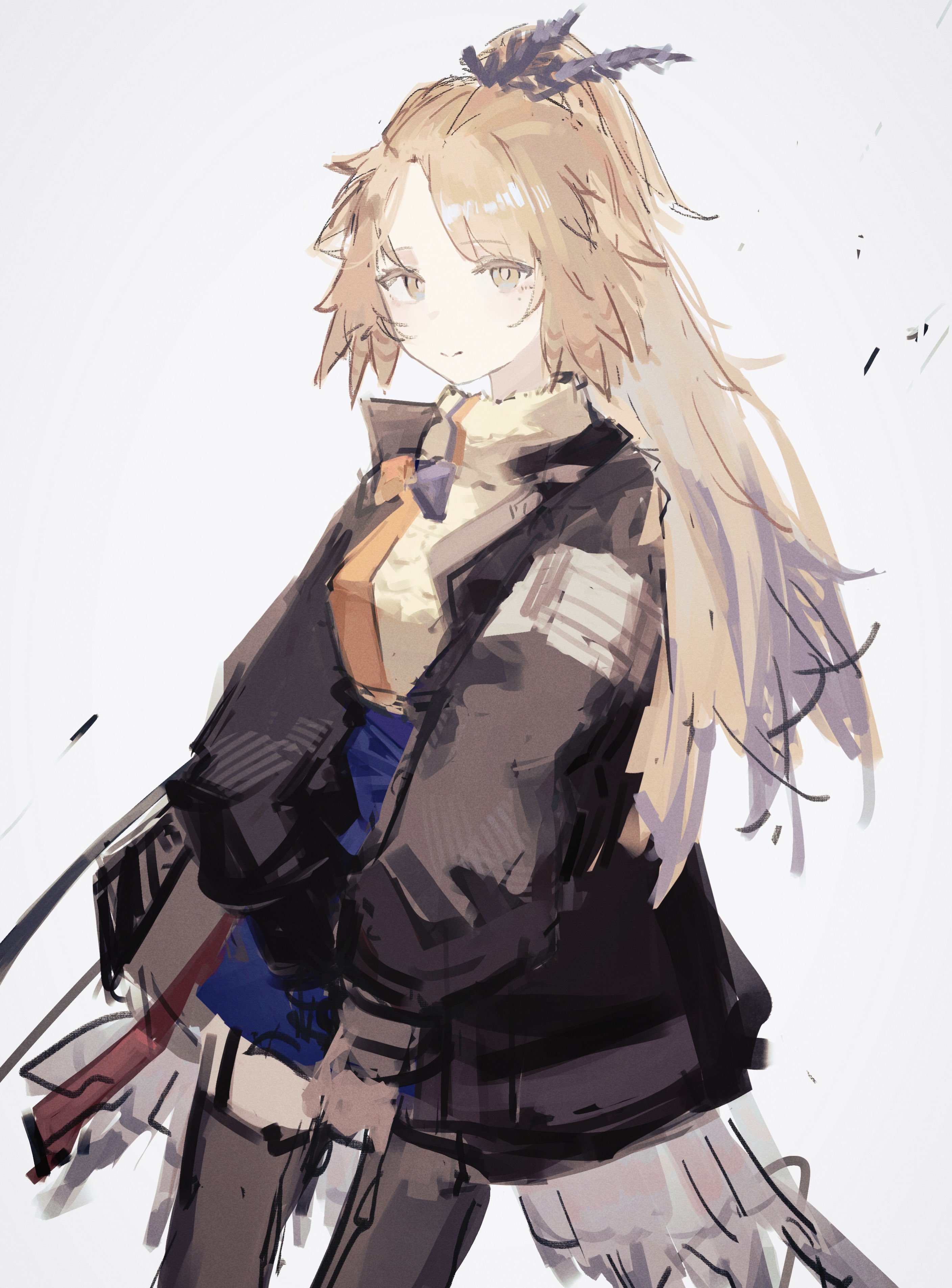 pinecone (arknights), arknights, absurdres, commentary request, highres, 1girl, bird girl, bird tail, black jacket, black thighhighs, blonde hair, blue skirt, brown eyes, closed mouth, cowboy shot, feather hair, feather hair ornament, feathers, grey background, hair ornament, jacket, long hair, long sleeves, looking at viewer, mole, mole under eye, open clothes, orange hair, ponytail, simple background, skirt, solo, standing, sweater, tail, thighhighs, turtleneck, yoioisss
