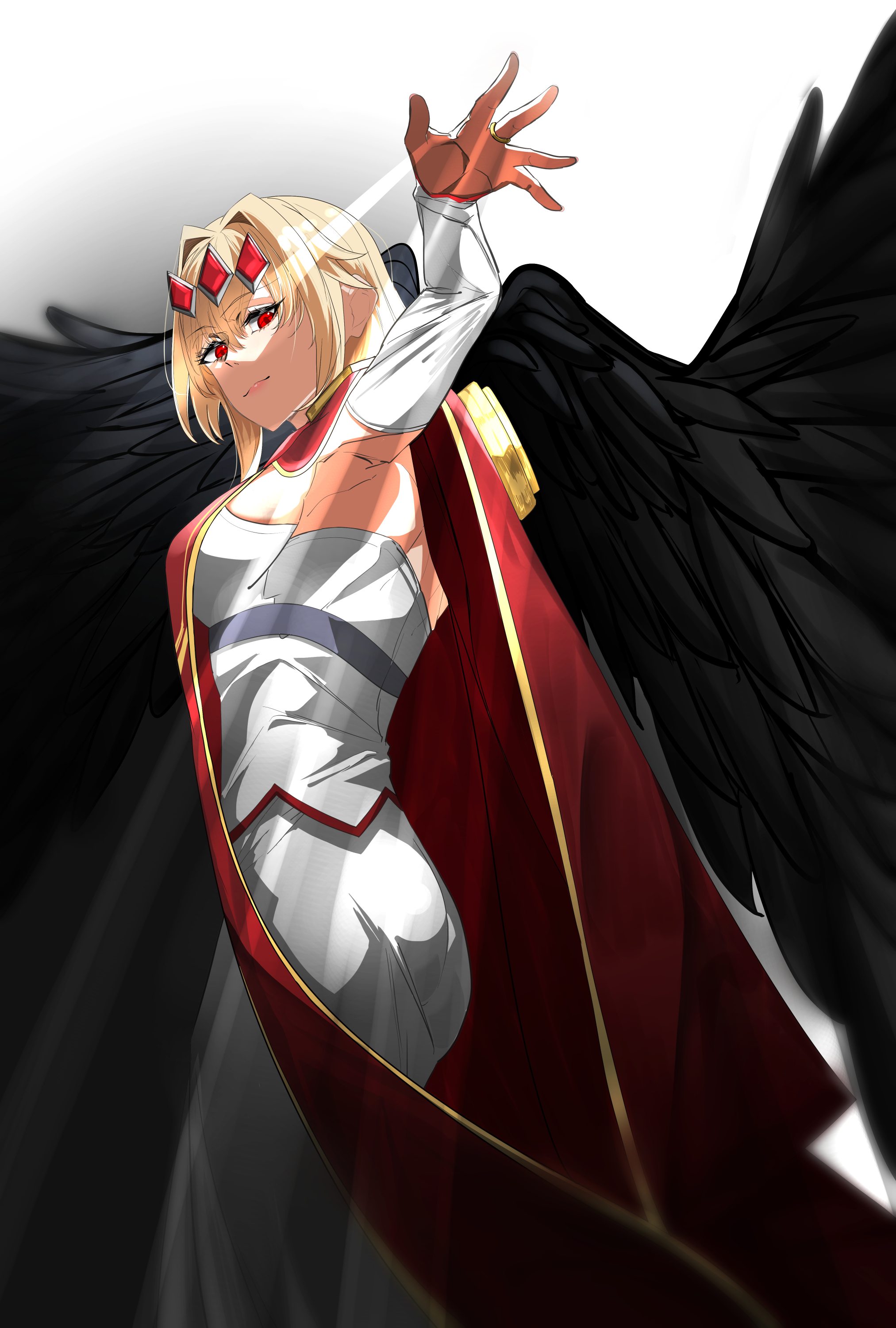 user mrsh3574, lufas maphaahl, yasei no last boss ga arawareta, absurdres, commentary request, highres, 1girl, armpits, ass, bird girl, black wings, blonde hair, breasts, cloak, closed mouth, detached sleeves, dress, eyelashes, feathered wings, from below, from side, gem, hair intakes, large breasts, light rays, light smile, lips, long hair, long sleeves, looking at viewer, looking down, looking to the side, outstretched arm, red cloak, red eyes, red gemstone, sideboob, sidelocks, solo, strapless, strapless dress, tiara, white background, white dress, white sleeves, wings
