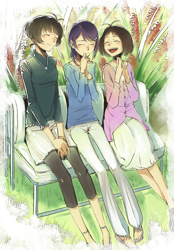 inu (aerodog), akizuki ryo, hidaka ai, mizutani eri, idolmaster, idolmaster dearly stars, 00s, 1boy, 2girls, antenna hair, bench, black leggings, blue hair, blush, brown hair, casual, closed eyes, cross, crossdressing, flower, grass, hair ornament, hairclip, jewelry, leggings, multiple girls, nature, necklace, open mouth, outdoors, sandals, shoes, short hair, sitting, smile, trap