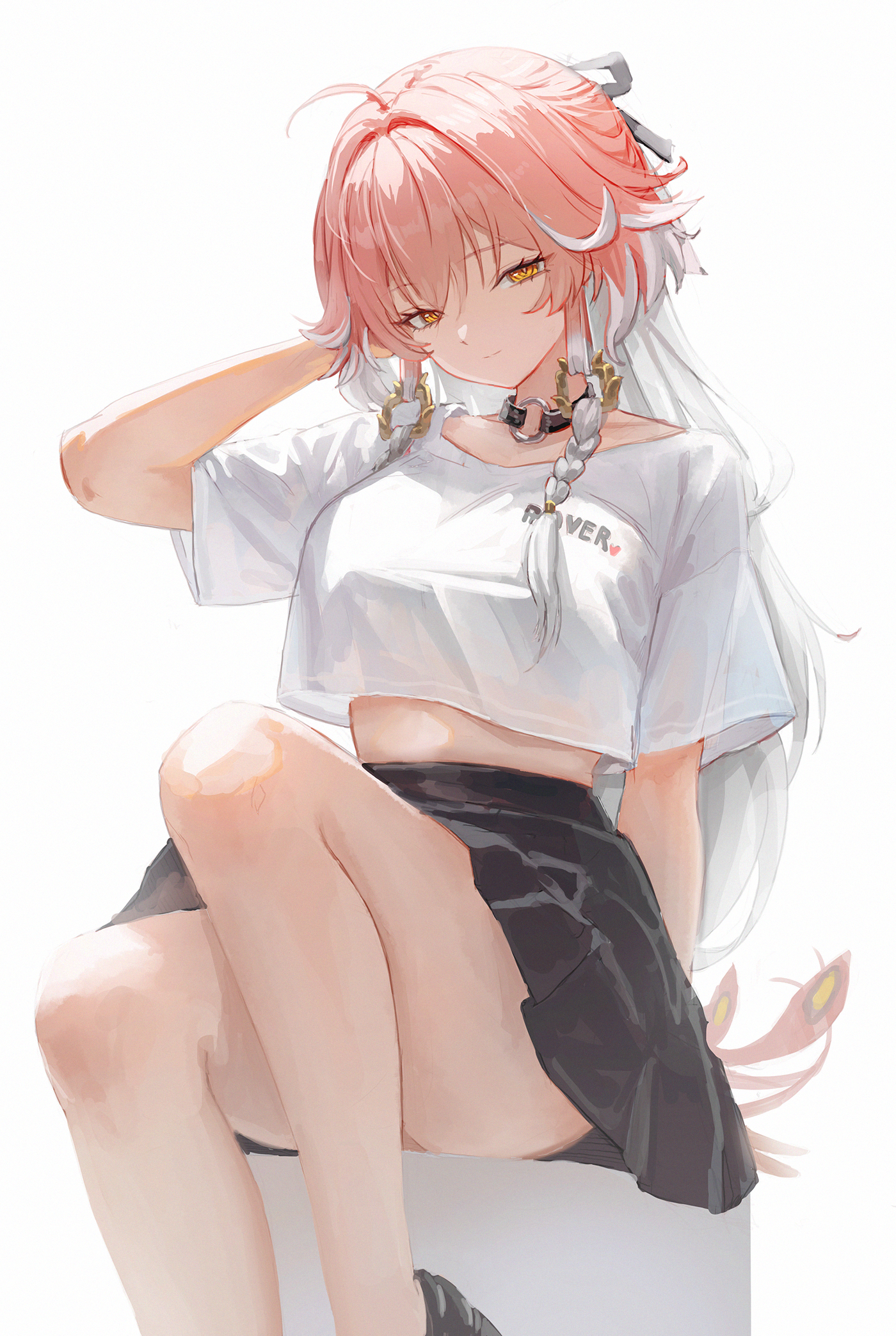 ddcc0123, changli (wuthering waves), wuthering waves, commentary, english commentary, highres, 1girl, ahoge, alternate costume, arm up, black skirt, braid, breasts, choker, closed mouth, crop top, feather hair, feet out of frame, hair extensions, large breasts, long hair, looking at viewer, multicolored hair, o-ring, o-ring choker, pink hair, ring hair extensions, shirt, simple background, sitting, skirt, solo, thighs, twin braids, two-tone hair, white background, white hair, white shirt, yellow eyes