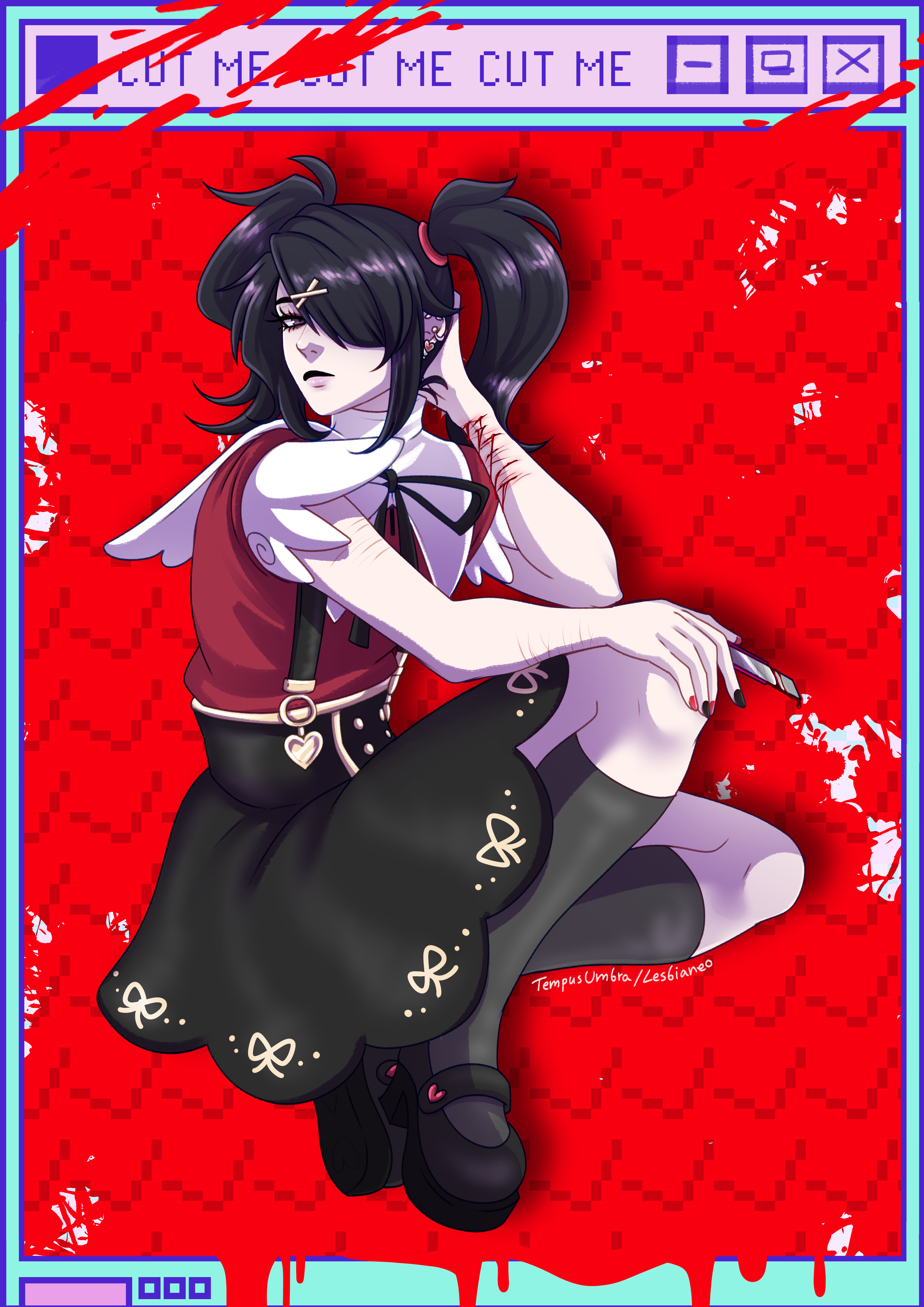 tempusumbra, ame-chan (needy girl overdose), needy girl overdose, absurdres, commentary, english commentary, highres, 1girl, black hair, black socks, boxcutter, full body, hair ornament, hair over one eye, hand on own elbow, hand on own head, head tilt, holding, holding boxcutter, long sidelocks, looking at viewer, platform sandals, red shirt, sandals, self-harm, shirt, short twintails, sidelocks, skirt, socks, solo, squatting, suspender skirt, suspenders, twintails, window (computing), winged sleeves, wrist cutting, x hair ornament