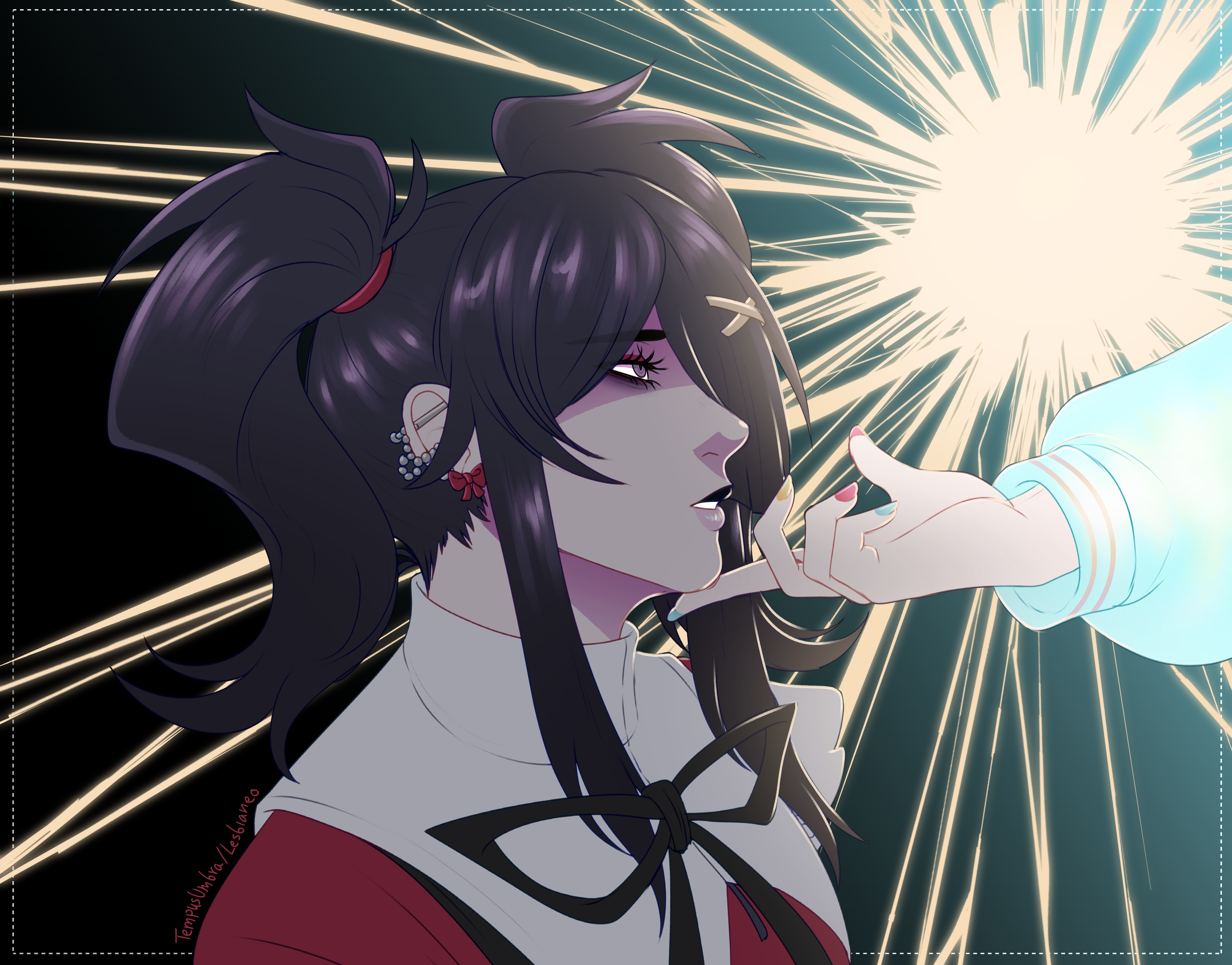 tempusumbra, ame-chan (needy girl overdose), chouzetsusaikawa tenshi-chan, needy girl overdose, absurdres, commentary, english commentary, highres, 2girls, bags under eyes, barbell piercing, black eyes, black hair, dual persona, hand on another's chin, light rays, looking at another, multiple girls, neck ribbon, out of frame, outstretched hand, partially shaded face, piercing, red shirt, ribbon, shirt, twintails, upper body, winged sleeves