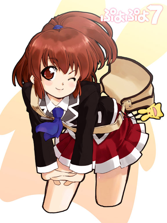 tessai, arle nadja, carbuncle (puyopuyo), madou monogatari, puyopuyo, puyopuyo 7, 1girl, ascot, bag, bent over, blush, brown eyes, brown hair, character doll, copyright name, cropped legs, doll, female focus, half updo, one eye closed, pleated skirt, ponytail, school uniform, shoulder bag, skirt, smile, solo, wink