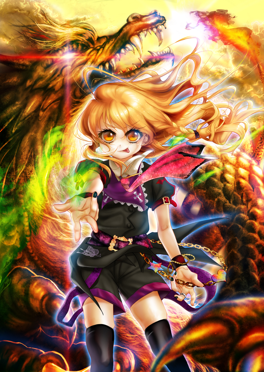 myluche, kirisame marisa, touhou, bad id, bad pixiv id, 1girl, alternate costume, beckoning, belt, black nails, black thighhighs, blonde hair, bracelet, braid, chain, cross, dragon, eastern dragon, female focus, heart, high collar, jewelry, long hair, nail polish, necktie, shorts, solo, thighhighs, tongue, wind, yellow eyes, zettai ryouiki