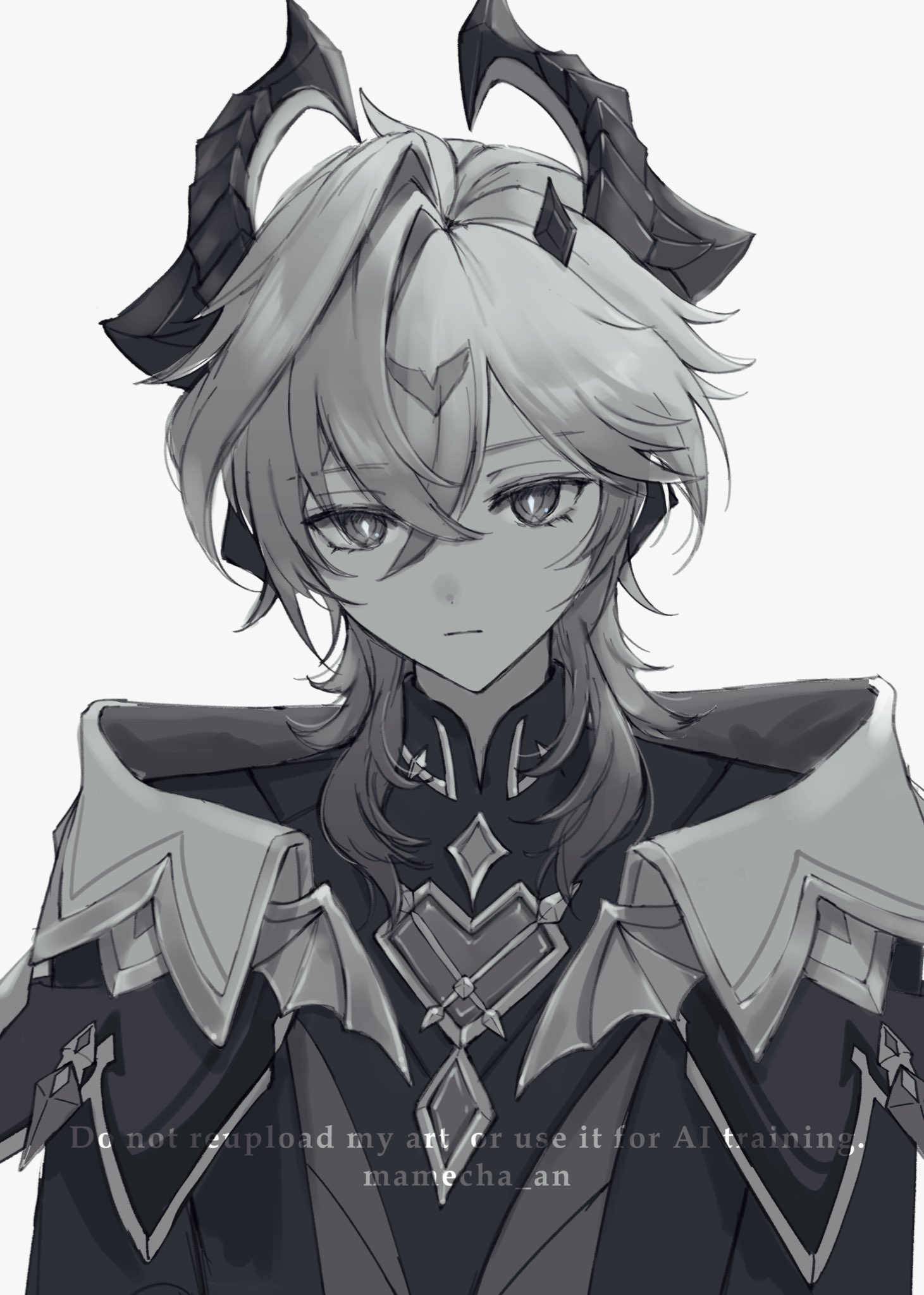 durin (genshin impact), genshin impact, commentary request, highres, 1boy, closed mouth, crossed bangs, dragon boy, dragon horns, expressionless, facial mark, forehead mark, greyscale, hair between eyes, horns, looking at viewer, male focus, mamecha an, mandarin collar, medium hair, monochrome, simple background, solo, twitter username, upper body, white background