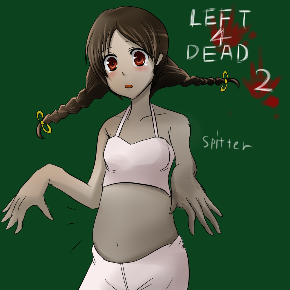 esupe, spitter (left4dead), left 4 dead, left 4 dead 2, 1girl, armoredcore4, bare shoulders, blush, braid, brown hair, dark-skinned female, dark skin, female focus, midriff, navel, open mouth, red eyes, solo, tareme, tears, twin braids, zombie