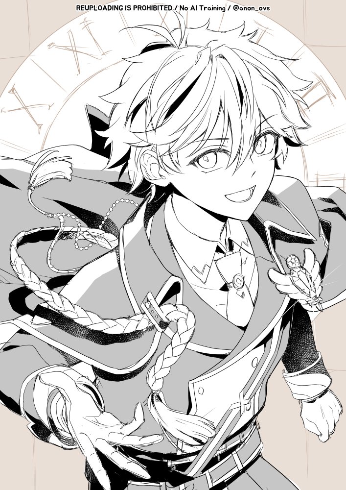 trianon, akehoshi subaru, ensemble stars!, commentary, 1boy, cape, cowboy shot, from above, greyscale with colored background, hair between eyes, long sleeves, looking at viewer, lower teeth only, male focus, necktie, open mouth, outstretched arm, short hair, smile, solo, tassel, teeth, tongue
