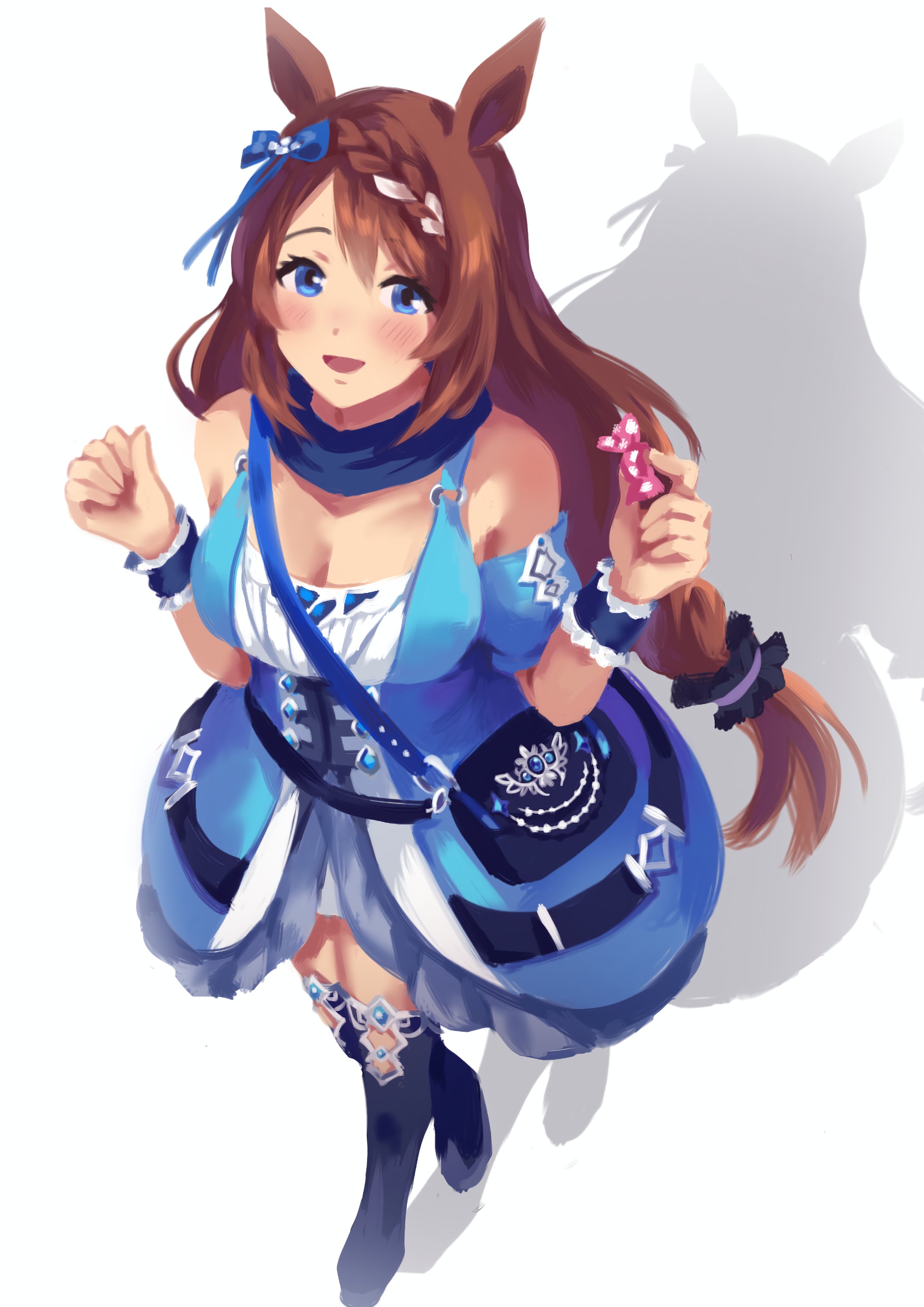 himuhino, super creek (murmuring stream) (umamusume), super creek (umamusume), umamusume, absurdres, commentary, english commentary, highres, 1girl, animal ears, blue dress, blue eyes, breasts, brown hair, candy, cleavage, dress, food, holding, holding candy, holding food, horse ears, horse girl, horse tail, long hair, looking to the side, sketch, smile, solo, tail