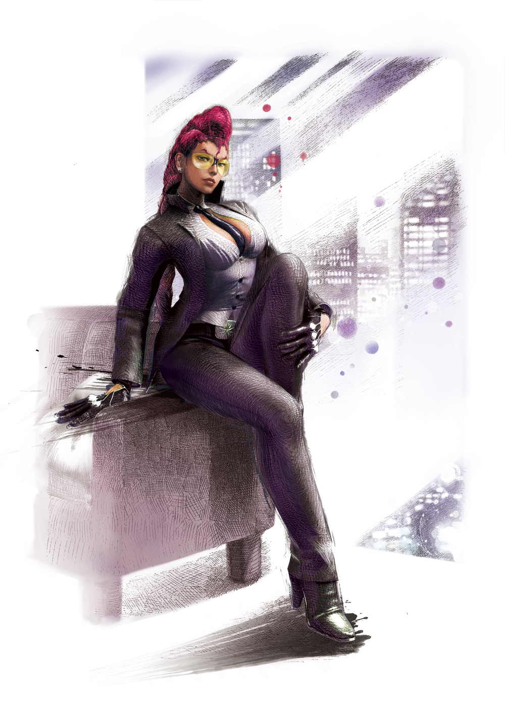 crimson viper, capcom, street fighter, highres, official art, 1girl, between breasts, braid, breasts, cleavage, dark-skinned female, dark skin, female focus, glasses, gloves, large breasts, looking at viewer, mature female, necktie, necktie between breasts, pompadour, red hair, solo, sunglasses