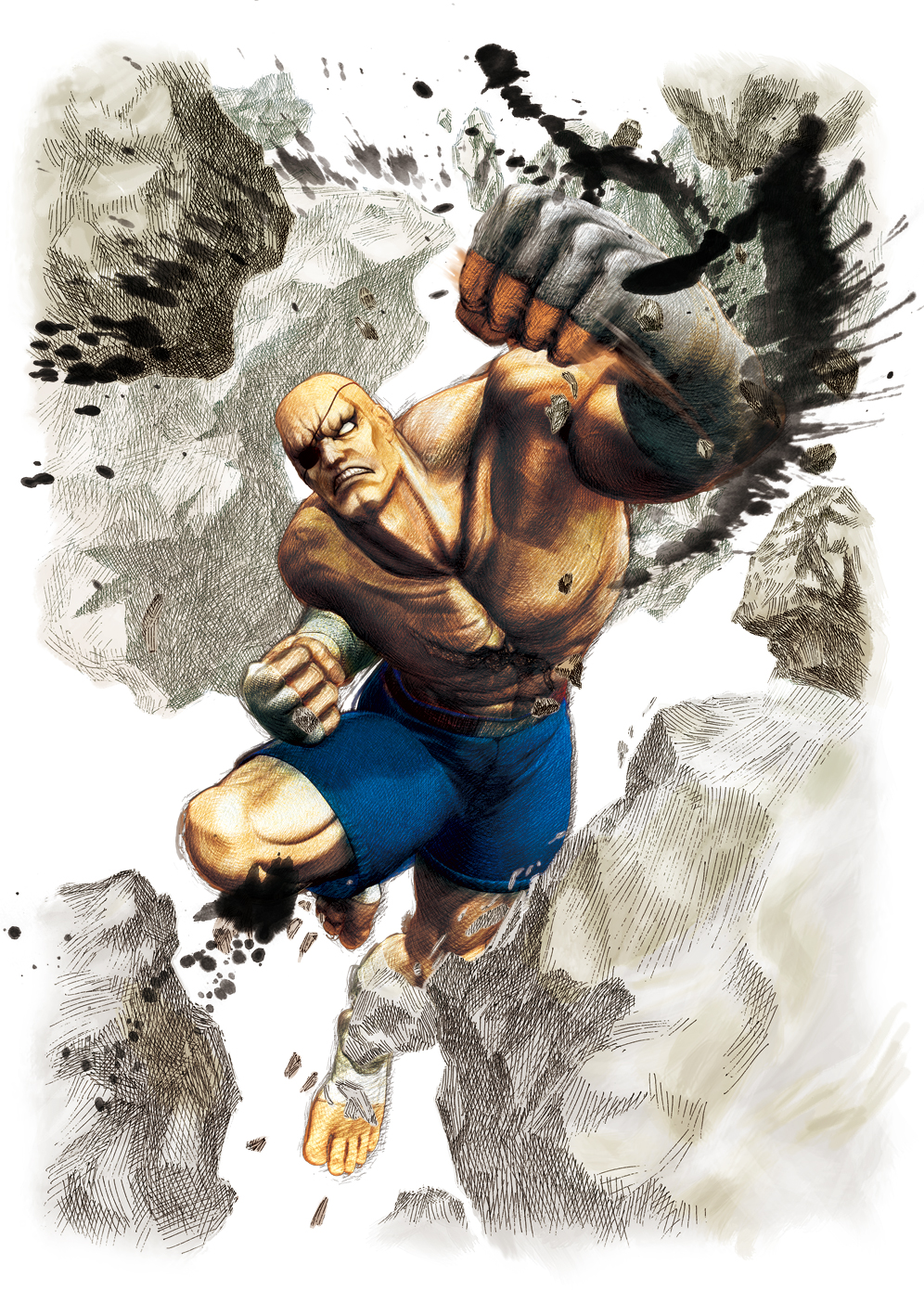 sagat, capcom, street fighter, street fighter iv (series), highres, official art, 1boy, bald, eyepatch, male focus, muscular, punching, solo
