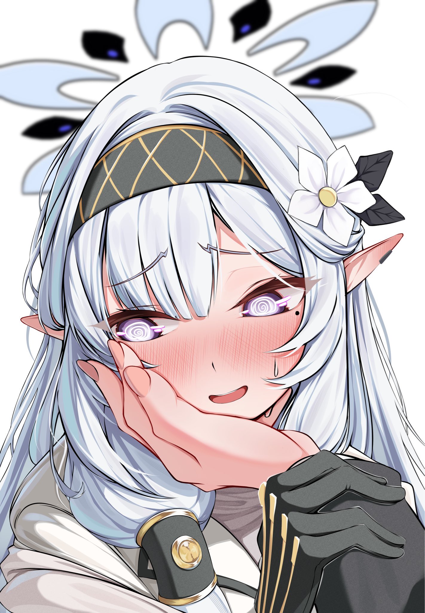 nojikorirakkusu, himari (blue archive), blue archive, highres, 1girl, @ @, black gloves, black hairband, black halo, blush, earclip, flower, full-face blush, gloves, hair flower, hair ornament, hair tubes, hairband, halo, hand on another's face, hand on another's wrist, long hair, looking to the side, mole, mole under eye, multicolored halo, open mouth, pointy ears, portrait, purple eyes, raised inner eyebrows, simple background, striped clothes, striped hairband, sweatdrop, two-tone halo, white background, white hair, white halo