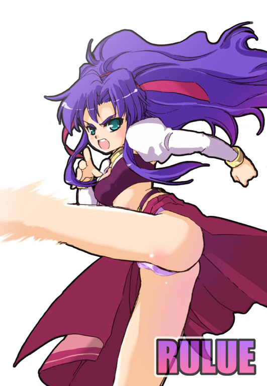 tessai, rulue (puyopuyo), madou monogatari, puyopuyo, 1girl, aqua eyes, blue hair, character name, female focus, kicking, midriff, open mouth, purple hair, solo, upskirt