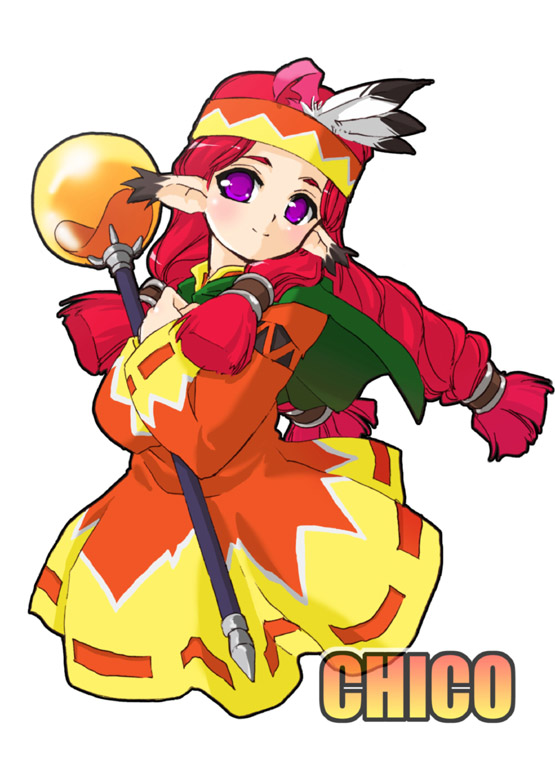 tessai, chiko (puyopuyo), madou monogatari, puyopuyo, no legs, 1girl, braid, character name, dress, feathers, female focus, headband, long hair, pointy ears, purple eyes, red hair, solo, staff