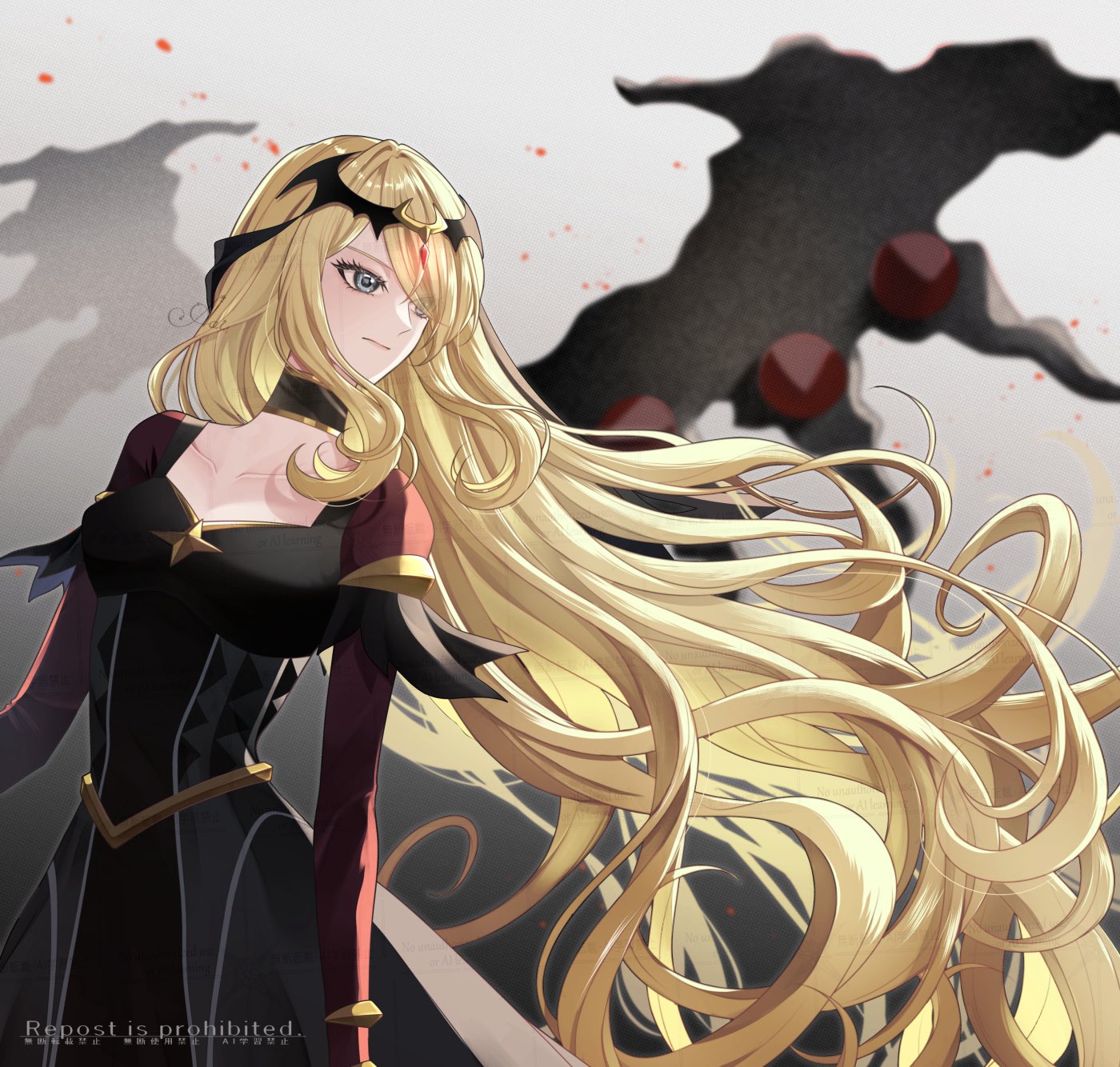 sakaralalala, cynthia (pokemon), cynthia (sygna suit) (renegade) (pokemon), giratina, nintendo, pokemon, pokemon masters ex, highres, 1girl, black choker, black dress, blonde hair, breasts, choker, cleavage, closed mouth, dress, eyelashes, gen 4 pokemon, grey eyes, hair ornament, hair over one eye, legendary pokemon, long hair, long sleeves, official alternate costume, pokemon (creature), tiara, very long hair, wings