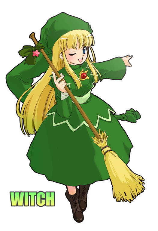 tessai, witch (puyopuyo), madou monogatari, puyopuyo, puyopuyo n, 1girl, blonde hair, blue eyes, broom, character name, dress, female focus, green dress, long hair, one eye closed, open mouth, solo, wink, witch