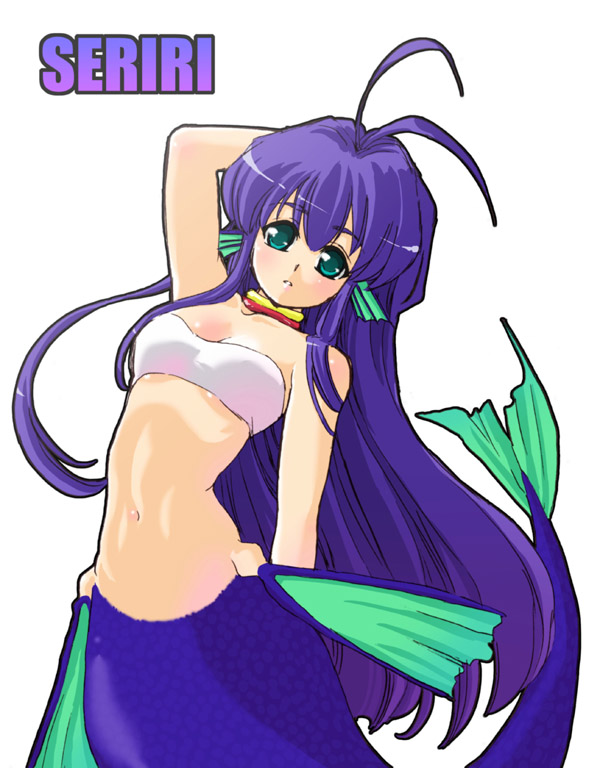 tessai, serilly (puyopuyo), madou monogatari, puyopuyo, 1girl, ahoge, antenna hair, aqua eyes, arm behind back, arm behind head, bandeau, blush, breasts, character name, cleavage, female focus, long hair, medium breasts, mermaid, midriff, monster girl, navel, parted lips, purple hair, solo, strapless, tube top, very long hair