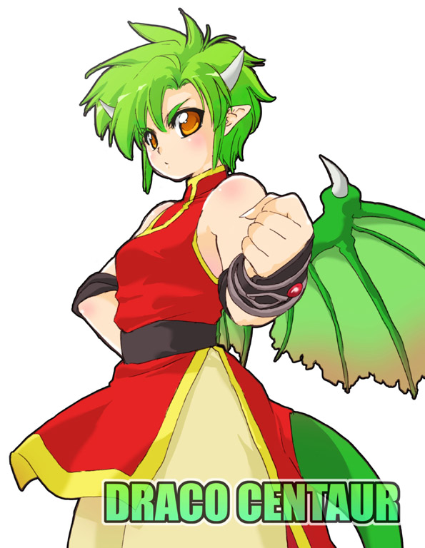 tessai, draco centauros, madou monogatari, puyopuyo, 1girl, character name, clenched hand, female focus, green hair, horns, orange eyes, pointy ears, short hair, solo, tail, wings