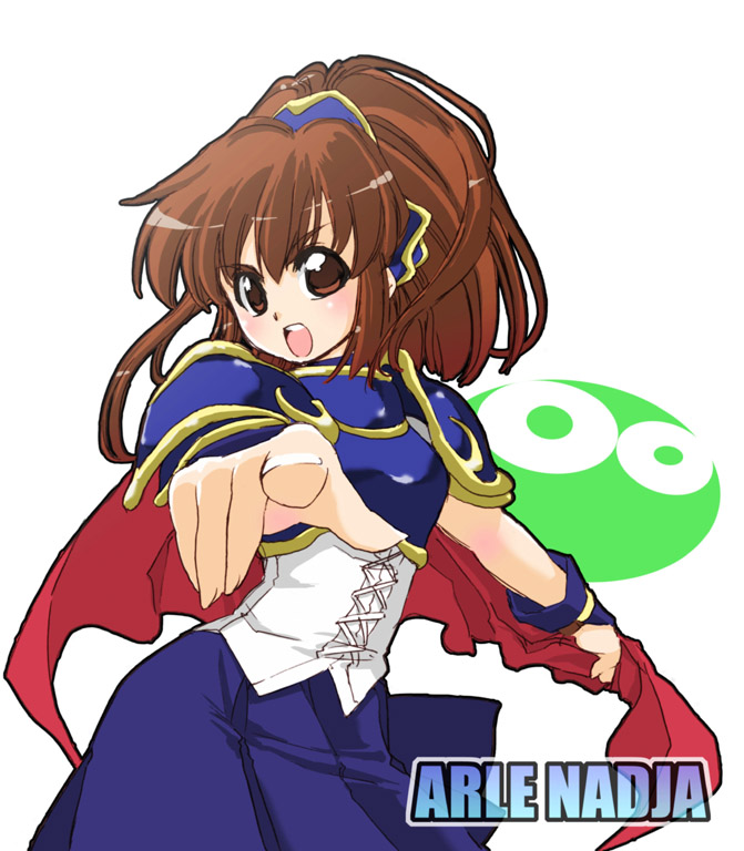 tessai, arle nadja, puyo (puyopuyo), madou monogatari, puyopuyo, puyopuyo n, 1girl, blue skirt, blush, brown eyes, brown hair, cape, character name, female focus, foreshortening, open mouth, pointing, pointing at viewer, skirt, solo