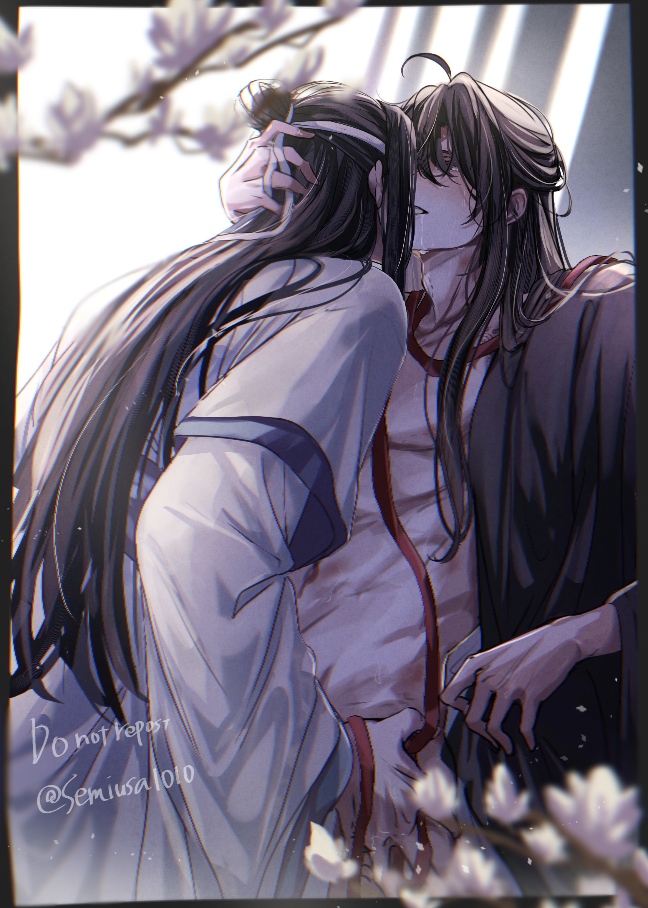 semiusa1010, lan wangji, wei wuxian, wei wuxian (yiling laozu), modao zushi, absurdres, highres, 2boys, abs, ahoge, anal, bare pectorals, bishounen, bite mark, black hair, black hanfu, blurry, blurry foreground, blush, border, branch, chinese clothes, closed eyes, couple, flower, french kiss, hair down, hair ribbon, half updo, hand on another's head, hand on another's hip, hanfu, headband, hickey, holding, holding ribbon, implied kiss, implied sex, kiss, long hair, long sleeves, looking at another, male focus, male penetrated, multiple boys, naked robe, nipples, official alternate hairstyle, open clothes, open mouth, open robe, parted lips, partially undressed, pectorals, red ribbon, ribbon, robe, saliva, sex, sidelocks, standing, standing missionary, standing sex, sweat, topknot, twitter username, very long hair, white flower, white hanfu, white headband, wide sleeves, yaoi