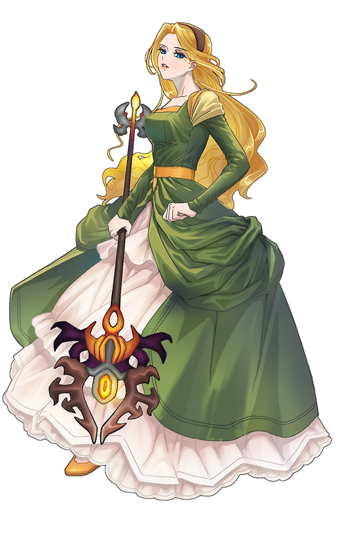 cloe da pontina, nexon, tales weaver, second-party source, 1girl, arazed1120, blonde hair, blue eyes, breasts, brown hairband, curtained hair, dress, earrings, full body, green dress, green sleeves, hairband, holding, holding polearm, holding weapon, jewelry, layered sleeves, light blush, lips, long dress, long hair, long sleeves, medium breasts, open hand, parted bangs, petticoat, polearm, princess outfit, shoes, simple background, solo, spear, transparent background, very long hair, weapon, yellow shoes