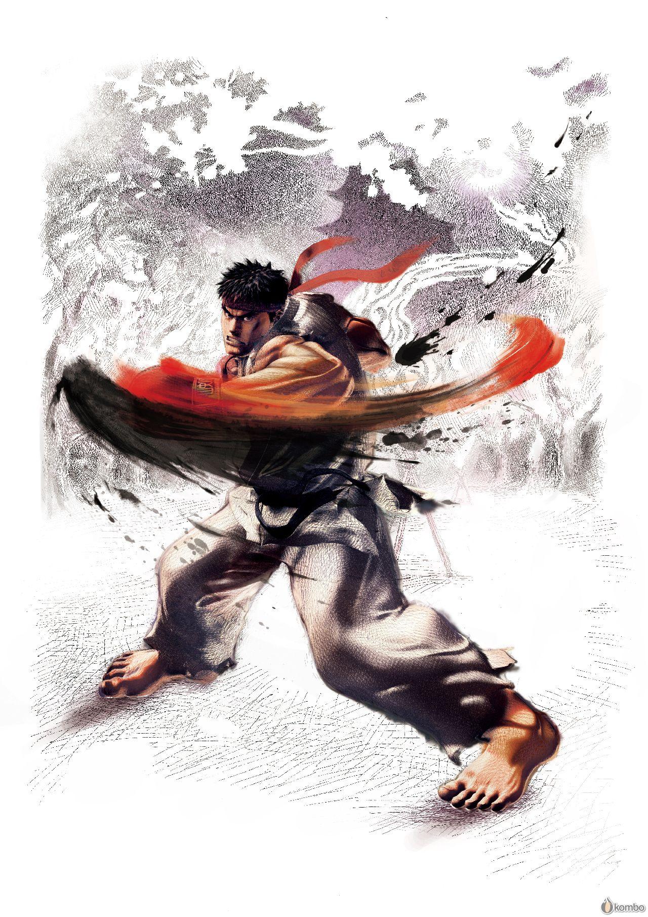 ryu (street fighter), capcom, street fighter, street fighter iv (series), highres, official art, 1boy, barefoot, fighting stance, male focus, solo