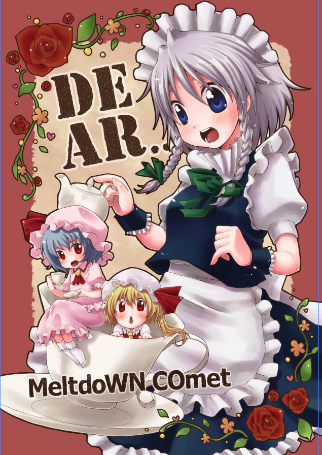 yukiu con, flandre scarlet, izayoi sakuya, remilia scarlet, touhou, bad id, bad pixiv id, 3girls, cup, female focus, flower, hat, maid, mini person, minigirl, multiple girls, plant, skirt, teacup, teapot