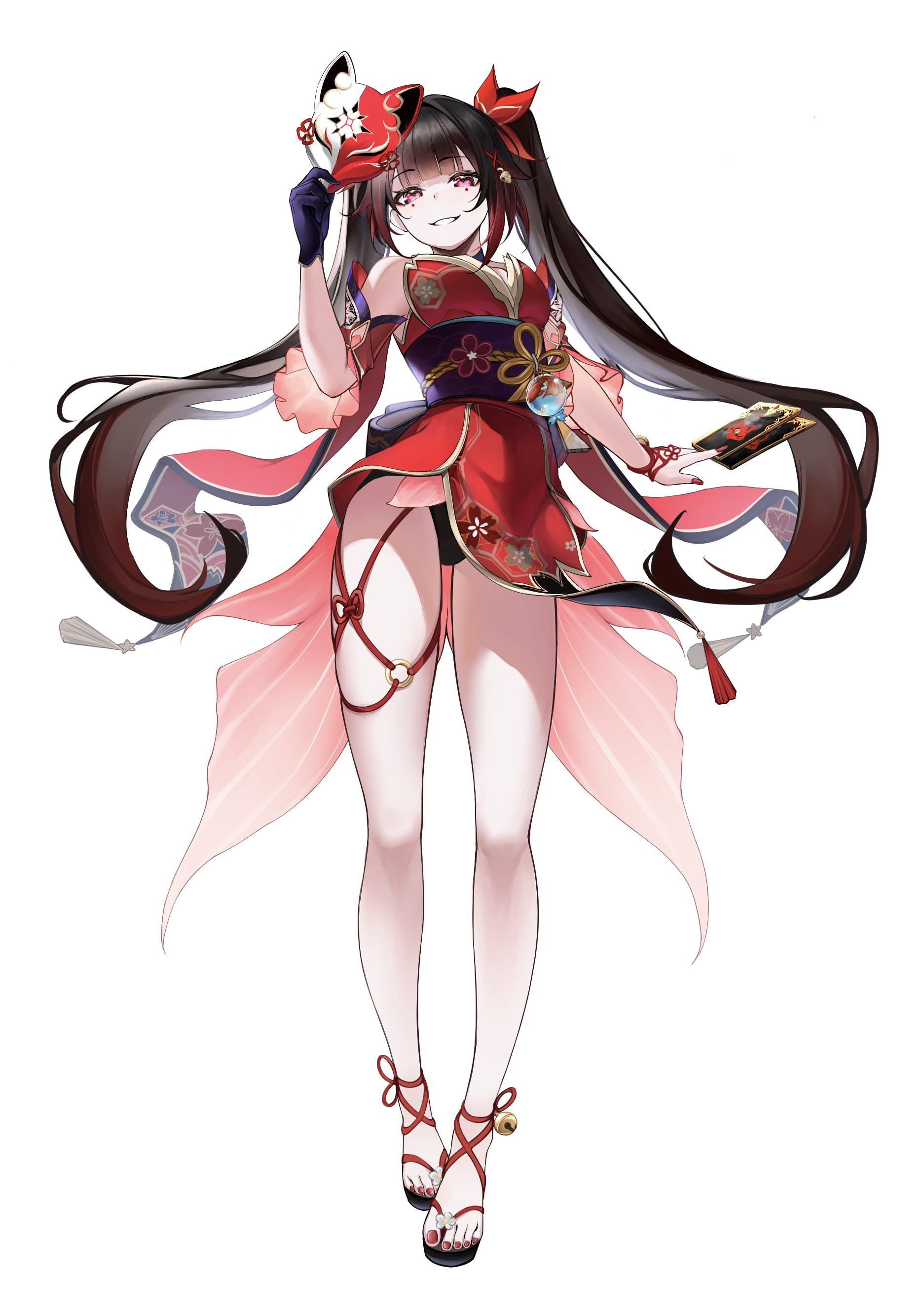 kmsdnok12345, sparkle (honkai: star rail), honkai: star rail, honkai (series), absurdres, commentary request, highres, 1girl, black sandals, breasts, card, cleavage, collarbone, detached sleeves, fingernails, fox mask, hair between eyes, hair ornament, hands on own hips, holding, holding mask, japanese clothes, kimono, long hair, mask, mask on head, medium breasts, mole, mole under each eye, mole under eye, multiple moles, nail polish, o-ring, o-ring thigh strap, pink eyes, red kimono, sandals, simple background, sleeveless, sleeveless kimono, teeth, thigh strap, toenail polish, toenails, twintails, very long hair, white background