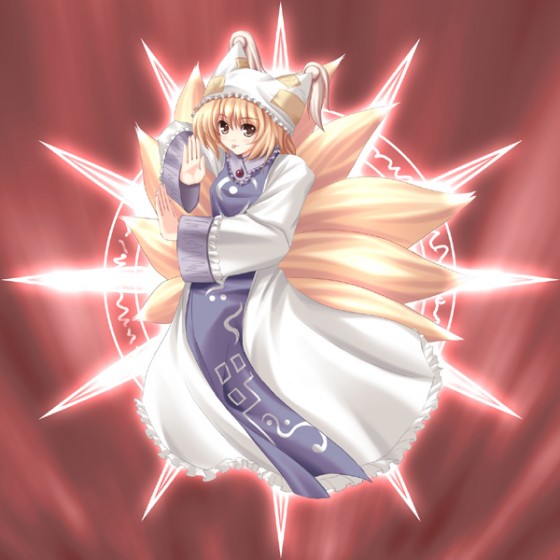 tateha (marvelous grace), yakumo ran, touhou, 1girl, :p, animal ears, blonde hair, female focus, fox ears, fox tail, hat, multiple tails, red theme, short hair, solo, tail, tongue, tongue out, yellow eyes