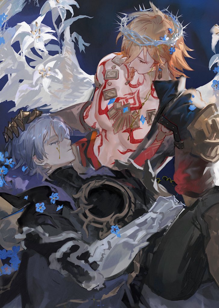 dichlorvos, mydei (honkai: star rail), phainon (honkai: star rail), honkai: star rail, honkai (series), 2boys, armor, black pants, closed eyes, collarbone, flower, grey hair, male focus, medium hair, multiple boys, nipples, orange hair, pants, pauldrons, pectorals, red tattoo, shoulder armor, single pauldron, upper body, white flower, yellow blood