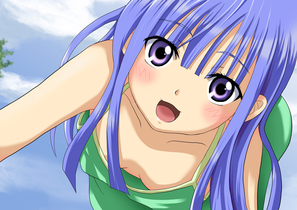 shundou ryuuto, furude rika, higurashi no naku koro ni, toaru majutsu no index, derivative work, 1girl, aged up, blue hair, downblouse, dress, female focus, green dress, loli, long hair, no bra, parody, purple eyes, solo