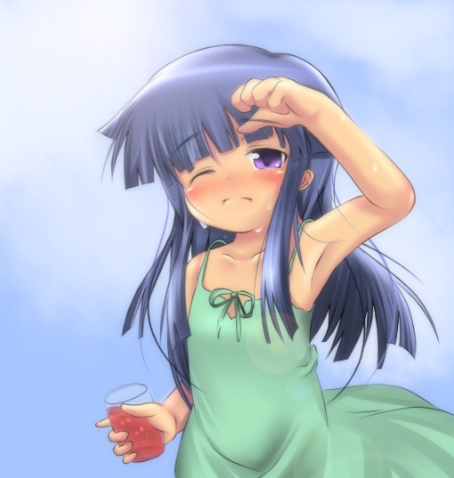 furude rika, higurashi no naku koro ni, non-web source, 00s, alcohol, armpits, blue hair, blush, child, dress, long hair, purple eyes, ribbon, solo, sweat, underage drinking, wine