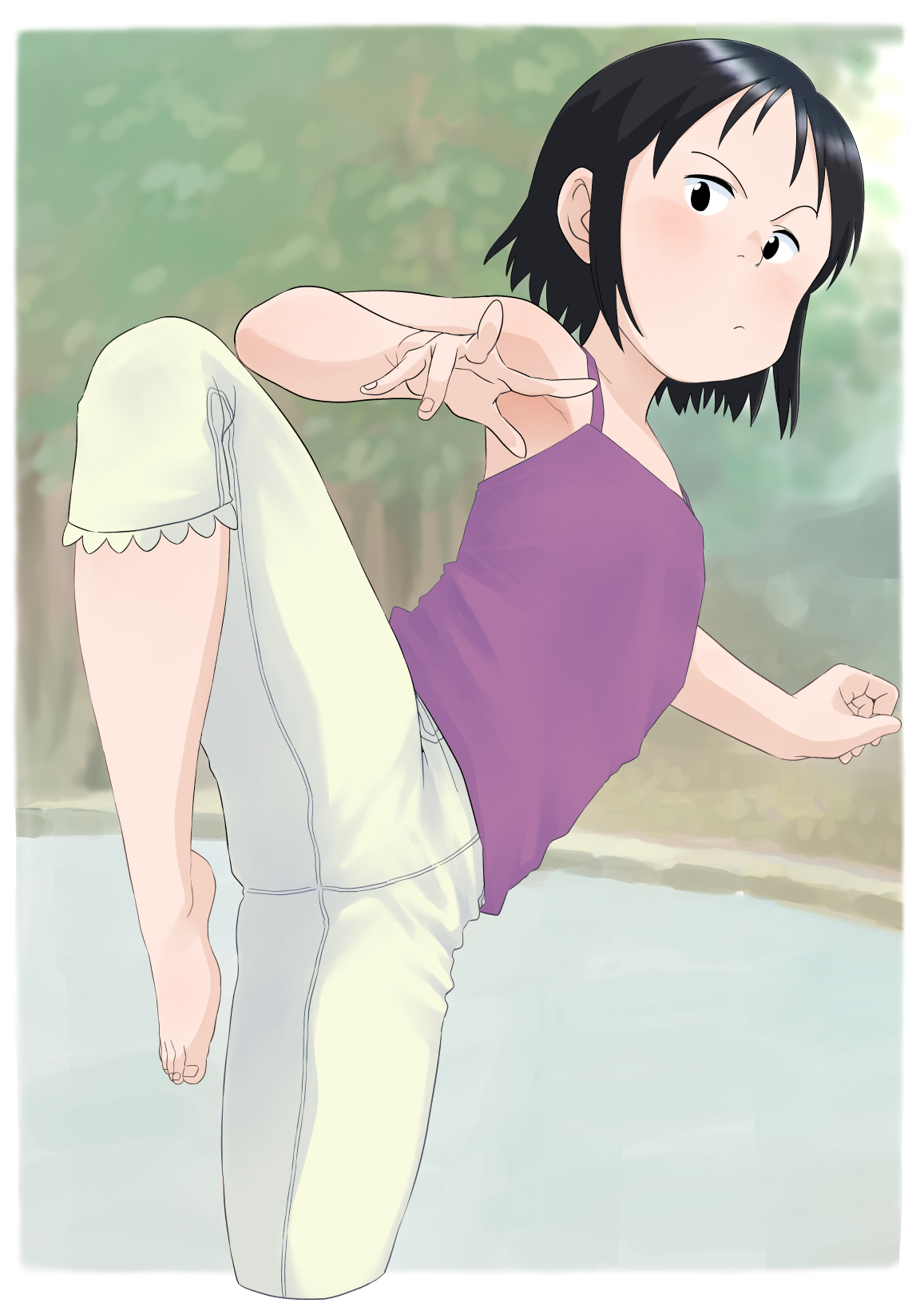 mizu kane, kamakura keiko, danchi tomoo, commentary request, highres, 1girl, barefoot, black eyes, black hair, blurry, blurry background, camisole, fighting stance, flat chest, pants, purple camisole, short hair, solo, standing, standing on one leg, white pants