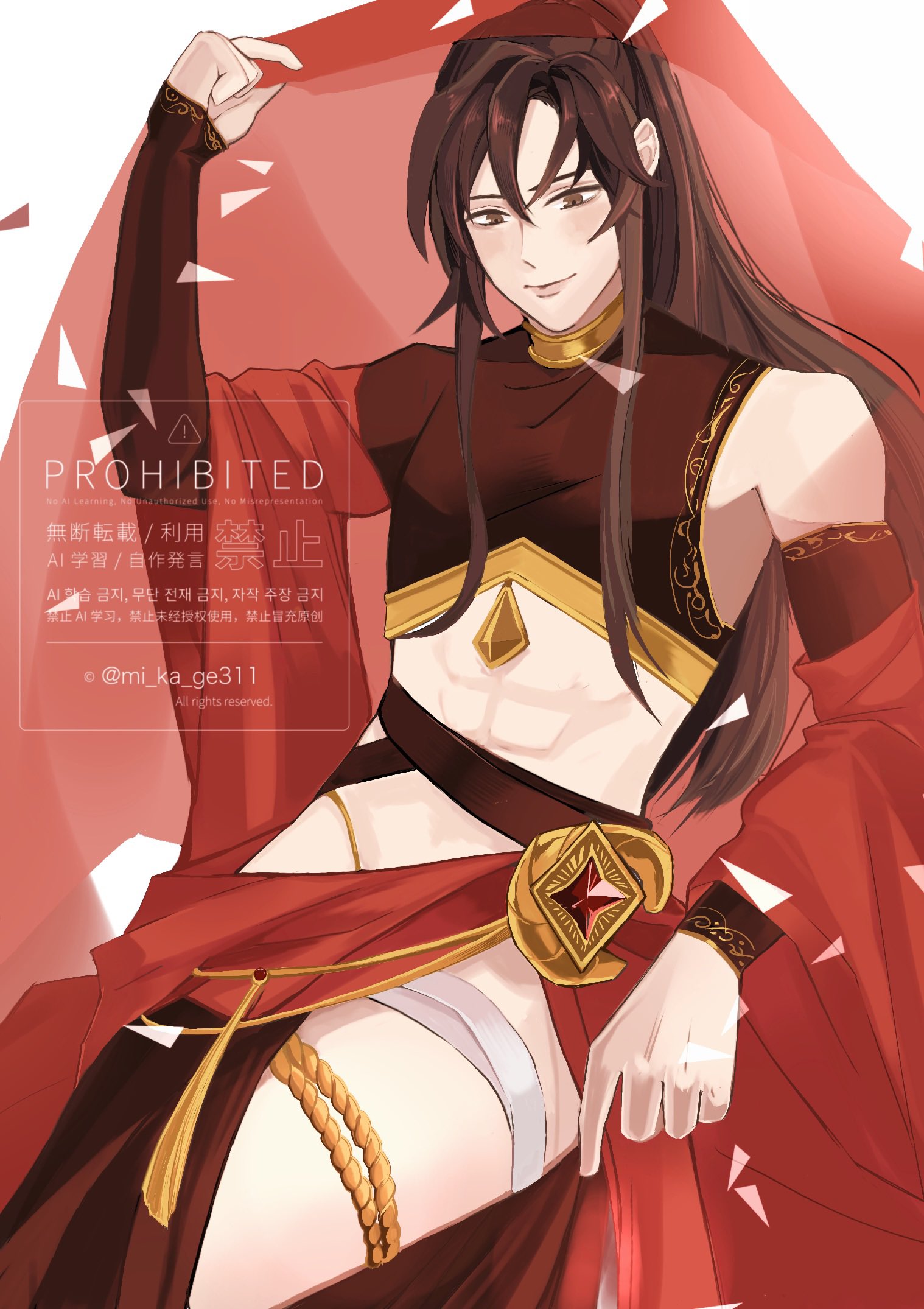 wei wuxian, modao zushi, commentary request, highres, 1boy, abs, alternate costume, arabian clothes, asymmetrical clothes, belt, black belt, black hair, black pants, black shirt, blush, brown eyes, brown hair, cape, closed mouth, clothing cutout, crop top, crossdressing, crossdressing (mtf), dancer, detached sleeves, gem, gold trim, harem outfit, hip vent, jewelry, long hair, looking at viewer, looking down, male focus, mi ka ge311, midriff, navel, neck ring, pants, ponytail, red cape, red gemstone, red veil, shirt, sidelocks, single bare shoulder, smile, solo, tassel, thigh cutout, thigh strap, twitter username, veil, veil lift, waist cape, watermark, white background