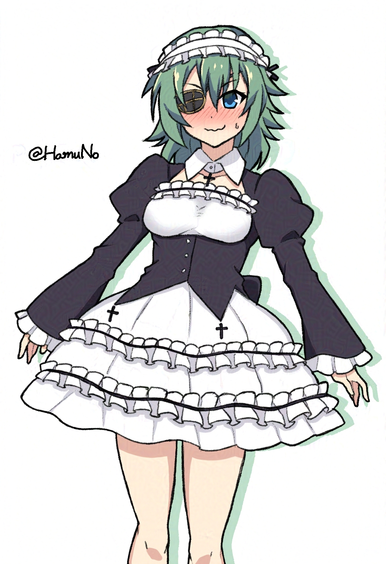 hamuno, kiso (kancolle), kantai collection, commentary request, highres, 1girl, alternate costume, blue eyes, breasts, embarrassed, eyepatch, feet out of frame, frilled hairband, frilled shirt, frills, green hair, hairband, lolita fashion, medium breasts, shirt, simple background, skirt, solo, white background, white skirt