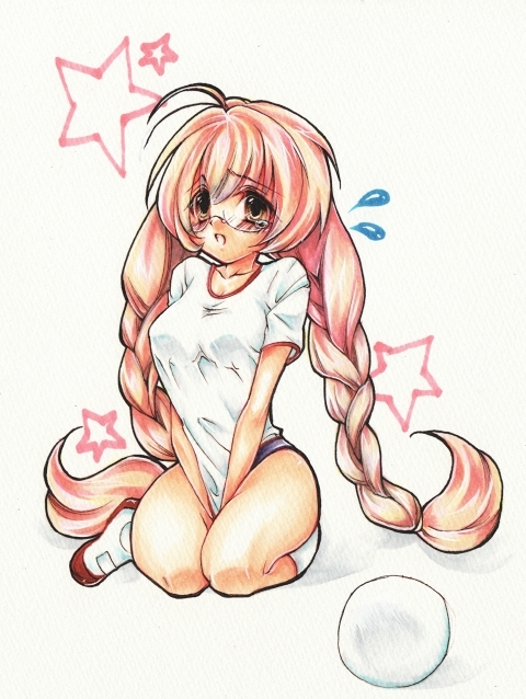 riko (kjr215), riko (kujira215), usa mimi, kodomo no jikan, bad id, bad pixiv id, marker (medium), nib pen (medium), pen (medium), traditional media, 00s, 1girl, ahoge, ball, between thighs, blush, braid, breasts, buruma, child, covering crotch, covering privates, female focus, full body, glasses, gym uniform, kneehighs, kneeling, long hair, medium breasts, oppai loli, pink hair, pinup (style), seiza, shirt tug, shoes, simple background, sitting, socks, solo, star (symbol), sweatdrop, tears, thighs, twin braids, twintails, uwabaki, v arms, very long hair