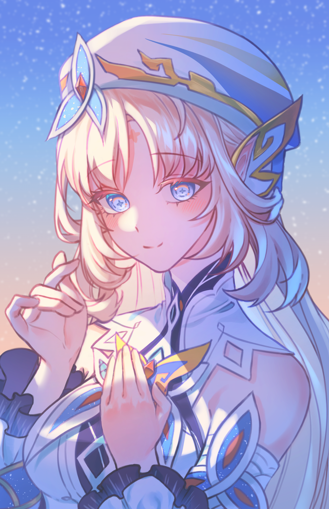 yuseol art, nicole reeyn, genshin impact, commentary request, highres, 1girl, bare shoulders, blonde hair, blue eyes, breasts, closed mouth, cross-shaped pupils, detached sleeves, facial mark, forehead mark, hand on own chest, hand up, hat, large breasts, long hair, looking at viewer, sky, smile, solo, star (sky), starry sky, sunrise, symbol-shaped pupils, upper body, white hat
