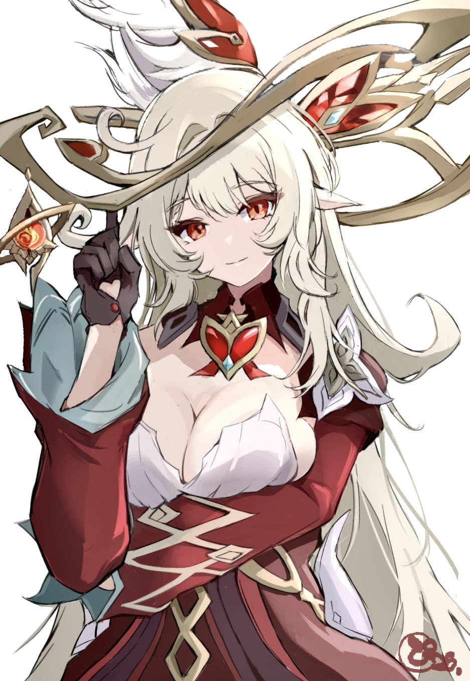 pinjirooo, alice (genshin impact), genshin impact, commentary request, highres, 1girl, arm under breasts, breasts, brown gloves, cowlick, detached sleeves, dress, gloves, grey hair, hand up, hat, heart-shaped gem, large breasts, long hair, looking at viewer, pointy ears, red dress, red eyes, red sleeves, side ahoge, simple background, smile, solo, white background, white dress, witch hat
