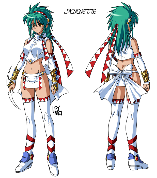 jilpoong17, ley mei, annet myer, el viento, 1girl, armlet, bow, character name, detached sleeves, elbow gloves, gloves, green hair, jewelry, loincloth, long hair, midriff, multiple views, navel, ribbon, socks, thighhighs, turnaround, white background, white socks