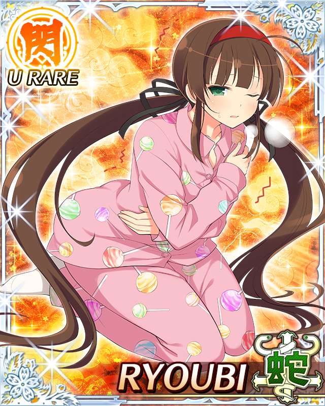 ryoubi (senran kagura), senran kagura, senran kagura new wave, game cg, official art, third-party source, 1girl, ahoge, black ribbon, border, brown hair, candy, card (medium), character name, crossed arms, flat chest, food, green eyes, hair ribbon, hairband, heavy breathing, leaning forward, lollipop, lollipop print, long hair, looking at viewer, low twintails, one eye closed, pajamas, parted lips, pink pajamas, red hairband, ribbon, seiza, sick, sitting, socks, solo, sweatdrop, twintails, very long hair