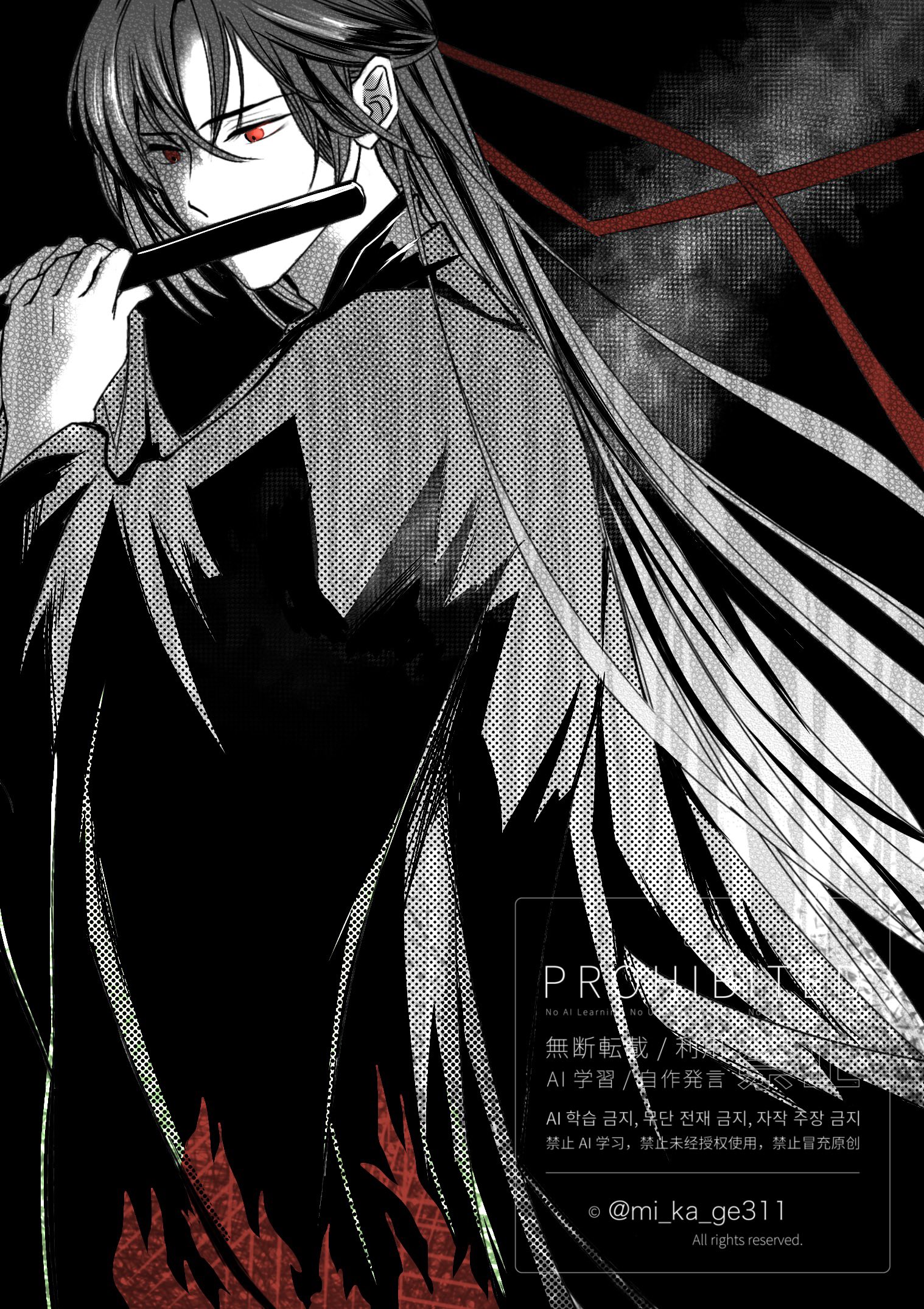 wei wuxian, wei wuxian (yiling laozu), modao zushi, commentary request, highres, 1boy, black background, black hair, black hanfu, chenqing flute, chinese clothes, dizi, flute, greyscale, hair between eyes, hair down, hair ribbon, half updo, hanfu, holding, holding flute, holding instrument, instrument, long hair, long sleeves, looking at viewer, male focus, mi ka ge311, monochrome, music, official alternate hairstyle, playing flute, playing instrument, red eyes, red ribbon, ribbon, robe, solo, spot color, transverse flute, twitter username, very long hair, watermark, wide sleeves